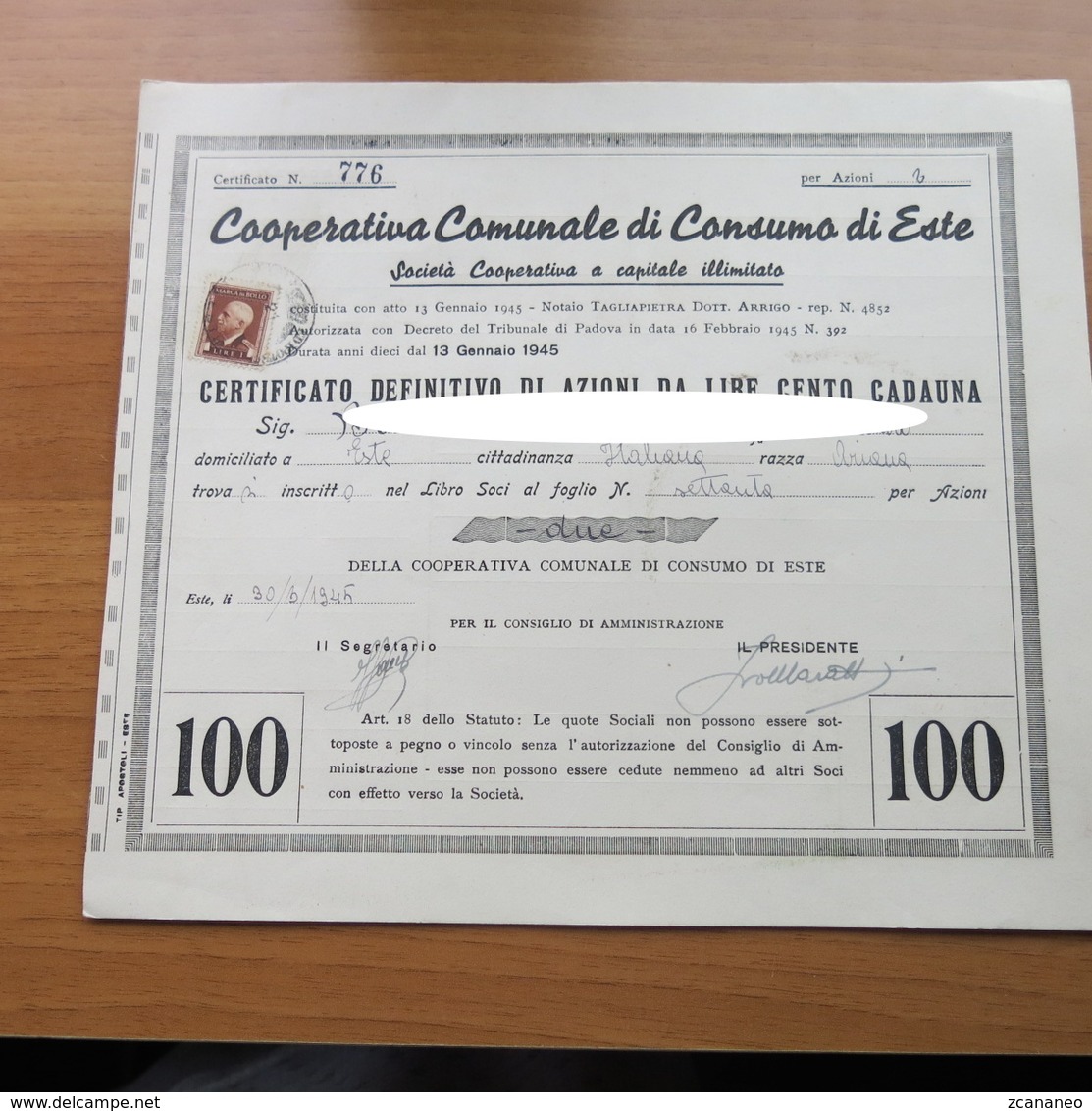 CERTIFICATO COMUNALE DI CONSUMO ESTE PADOVA DA LIRE 100 DEL 1945 - - Altri & Non Classificati