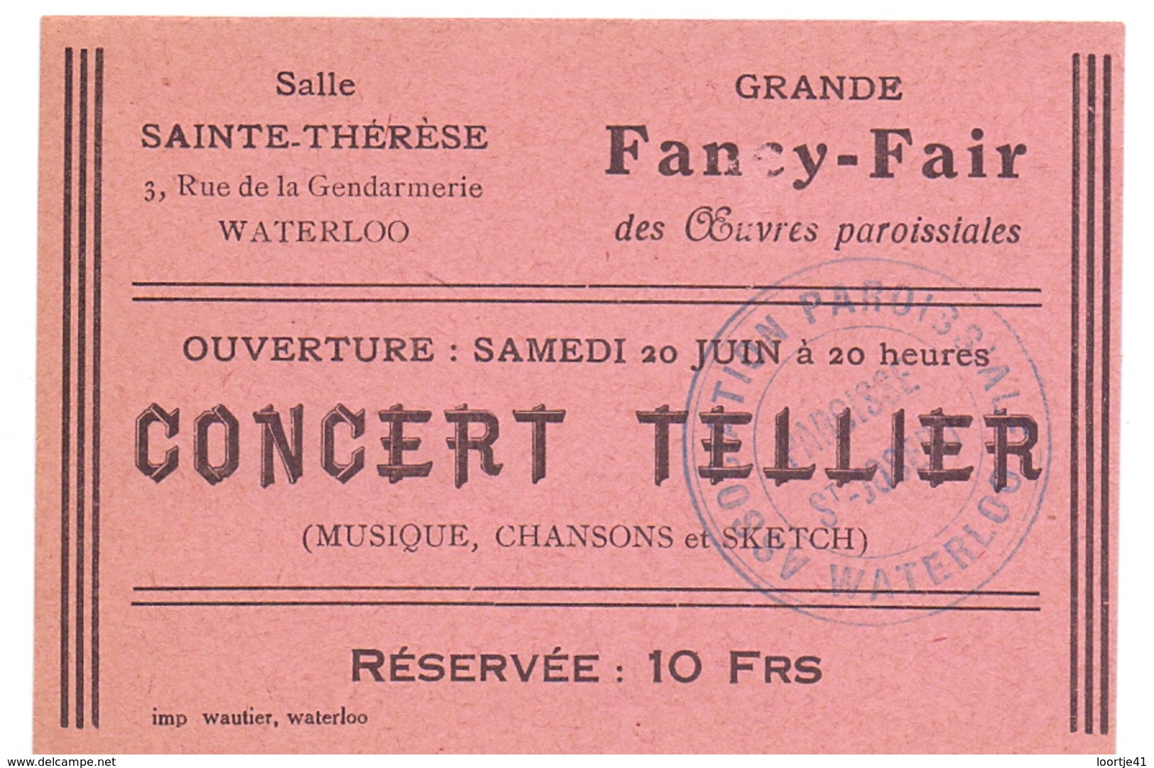 Ticket D' Entrée Ingangsticket Toegangskaart - Concert Tellier - Salle Sainte Thérèse Waterloo - Tickets - Entradas