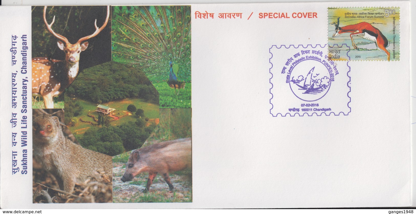 India  2016  Deer  Mongoose  Polecat  Peacock  Boar  Sukhna Wildlife Sanctuary Special Cover # 70784  Inde Indien - Wild