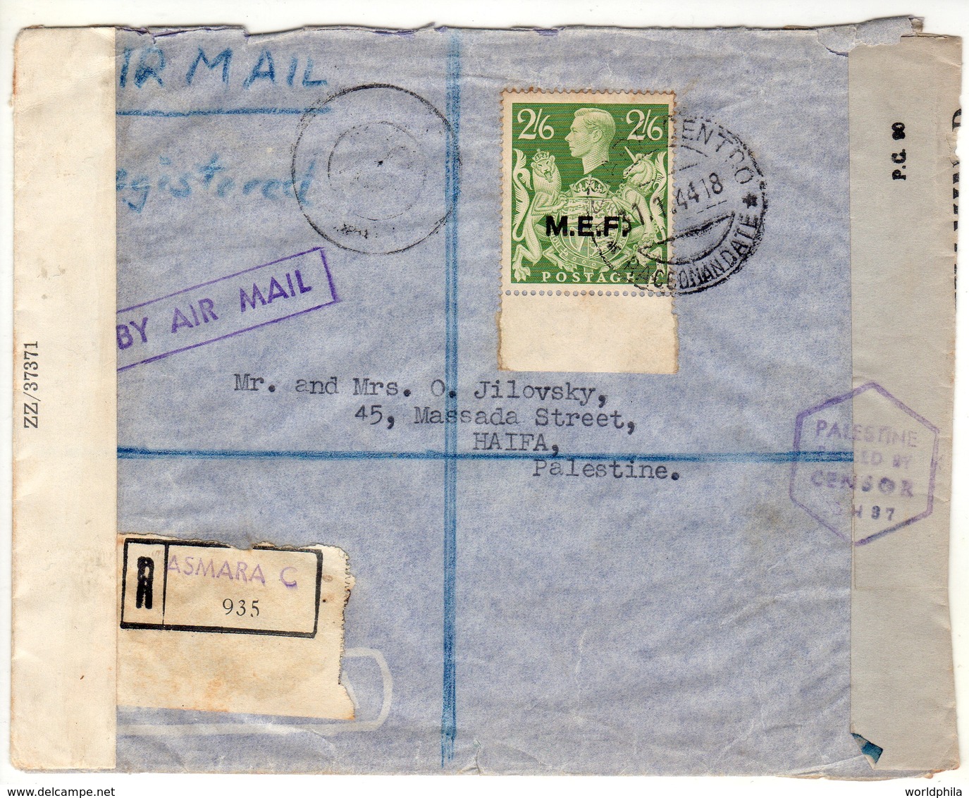 Eritrea-Palestine, 1944 WWII M.E.F / MEF Double Censored, 2/6 Shilling, High Value Registered Cover I - Erythrée