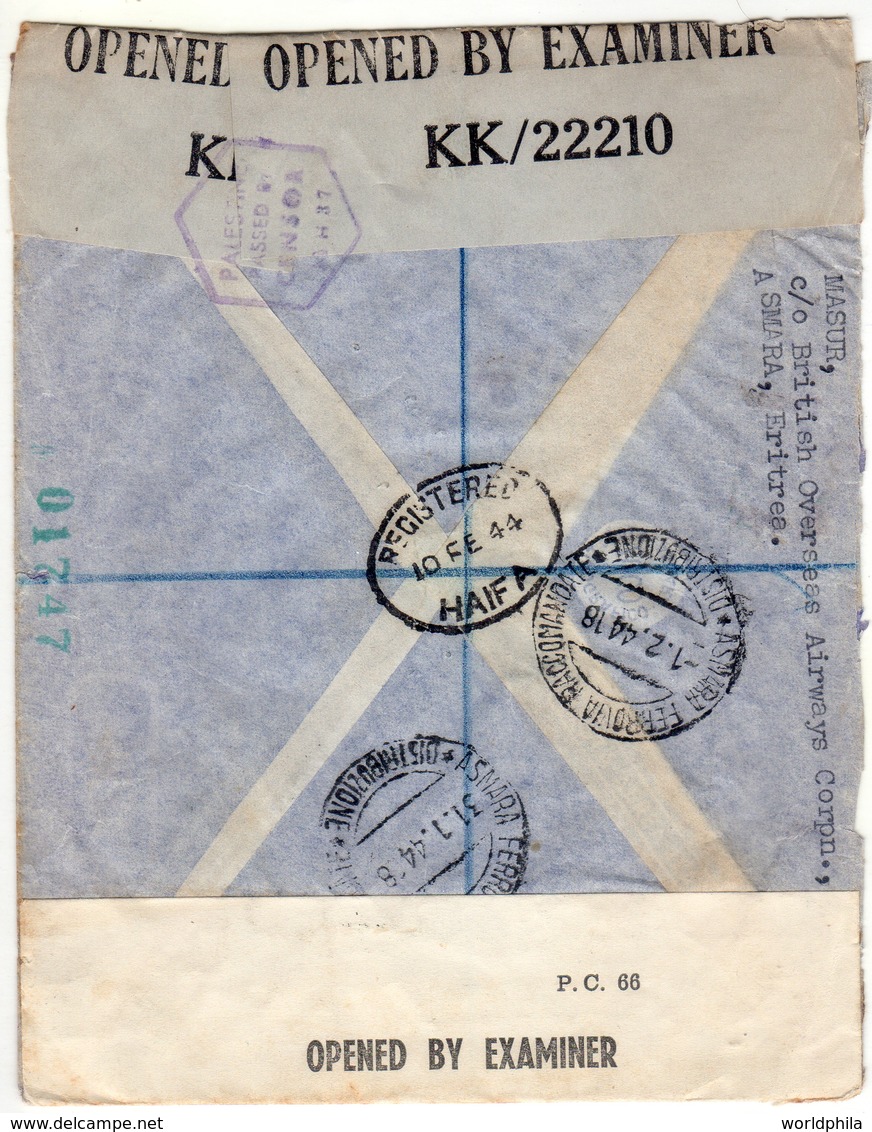 Eritrea-Palestine, 1944 WWII M.E.F / MEF Double Censored, 2/6 Shilling, High Value Registered Cover I - Erythrée