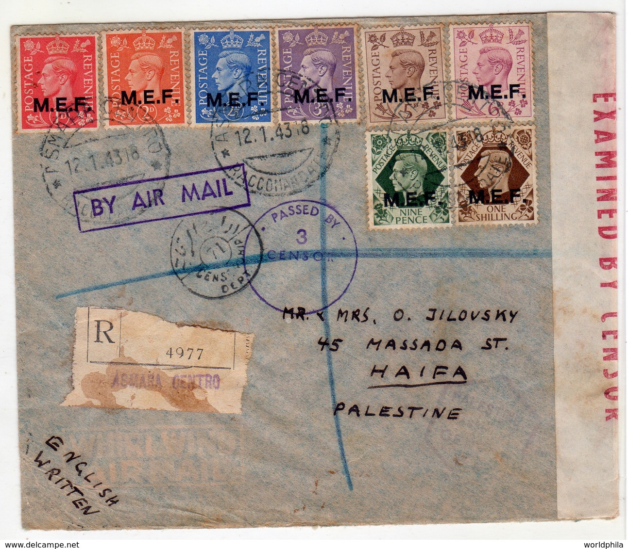 Eritrea-Palestine, 1943 WWII M.E.F / MEF Double Censored, 8 Stamps, High Value Registered Cover II - Erythrée