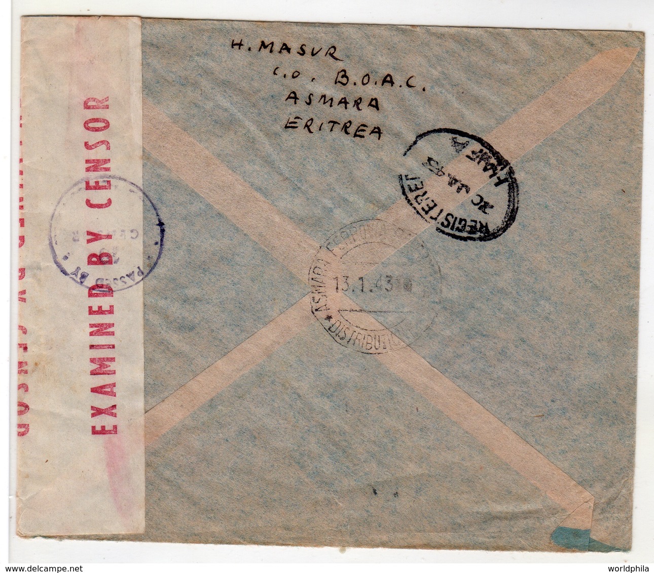 Eritrea-Palestine, 1943 WWII M.E.F / MEF Double Censored, 8 Stamps, High Value Registered Cover II - Erythrée