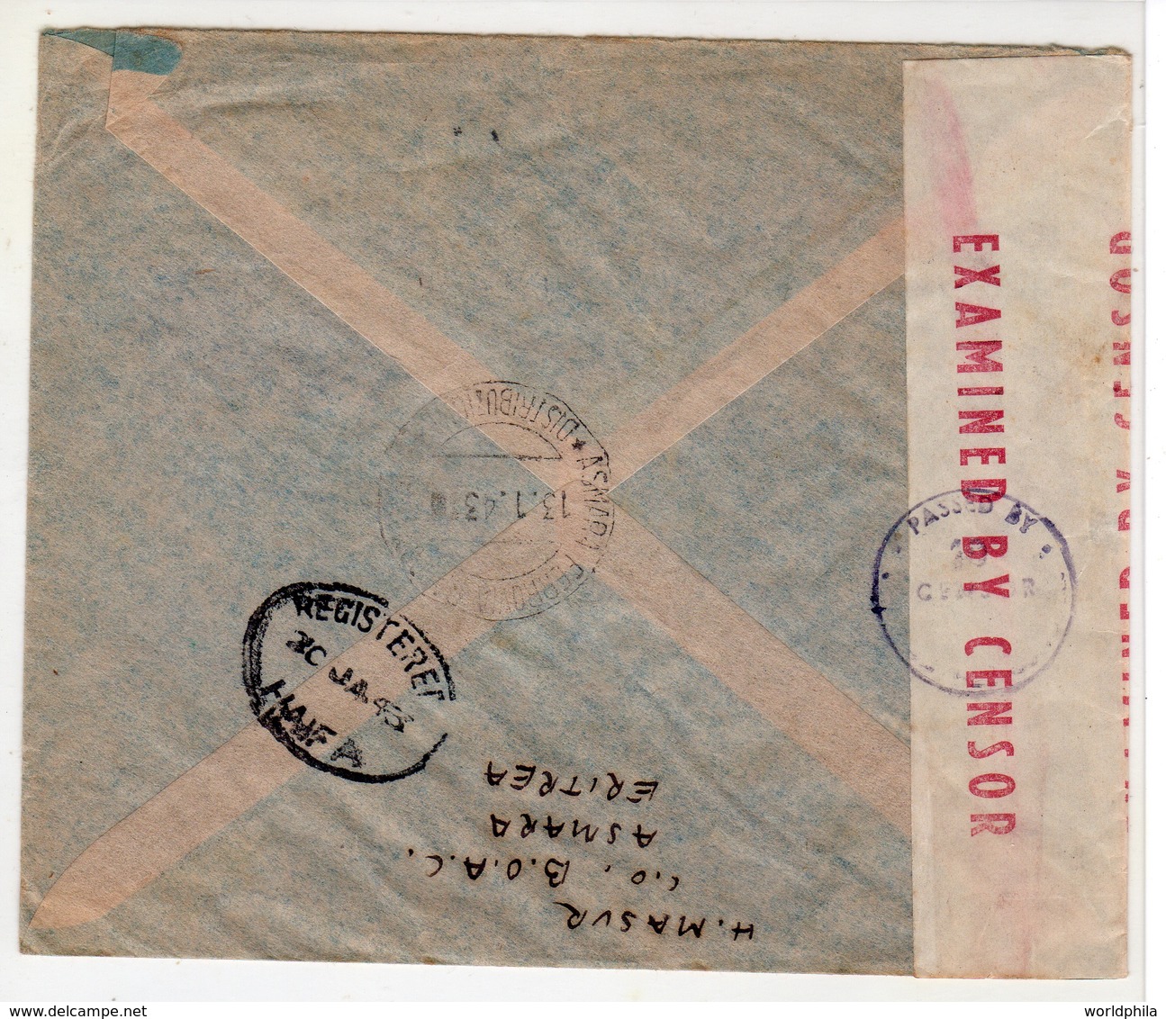 Eritrea-Palestine, 1943 WWII M.E.F / MEF Double Censored, 8 Stamps, High Value Registered Cover II - Erythrée