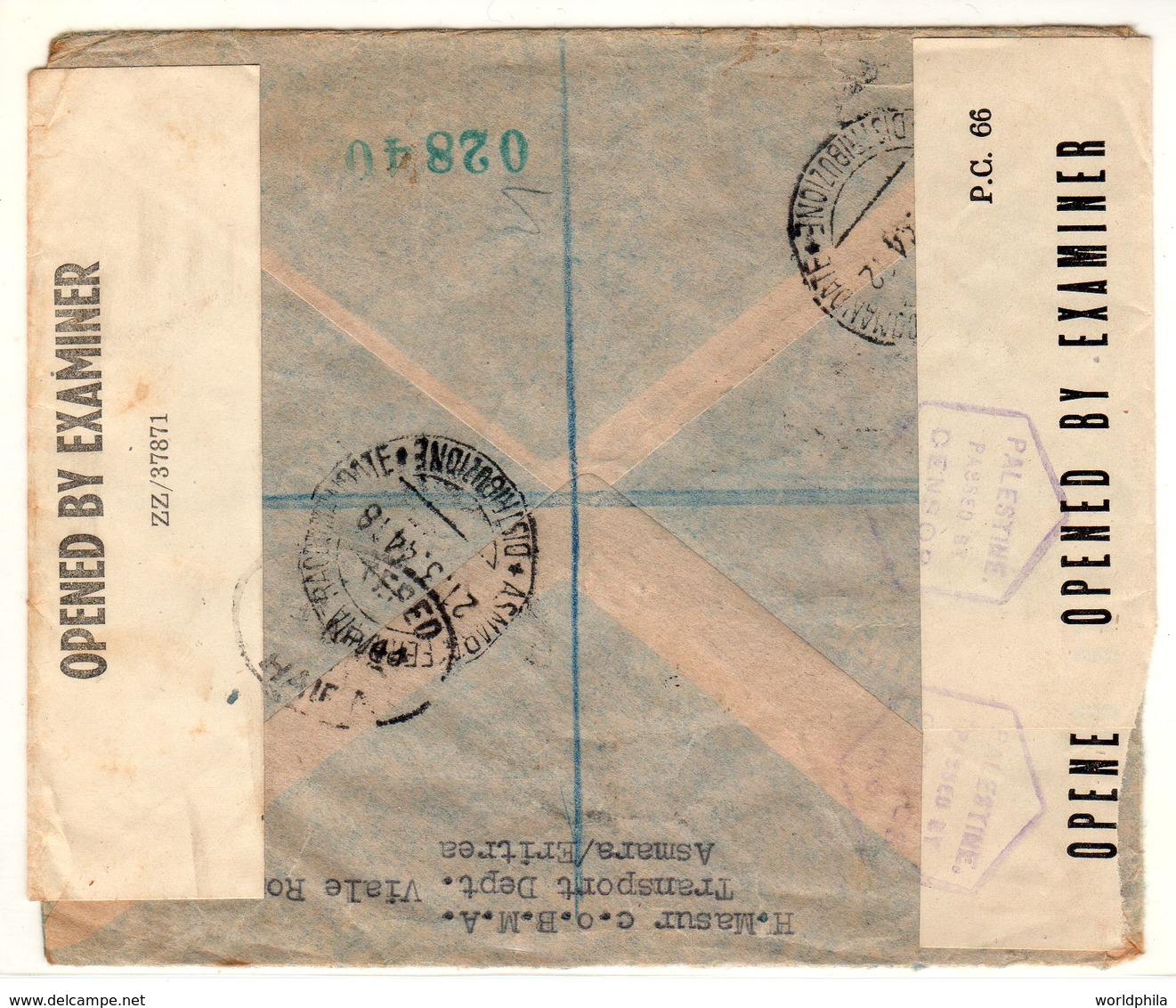 Eritrea-Palestine, 1944 WWII M.E.F / MEF Double Censored, 7 Stamps, High Value Registered Cover III - Eritrea