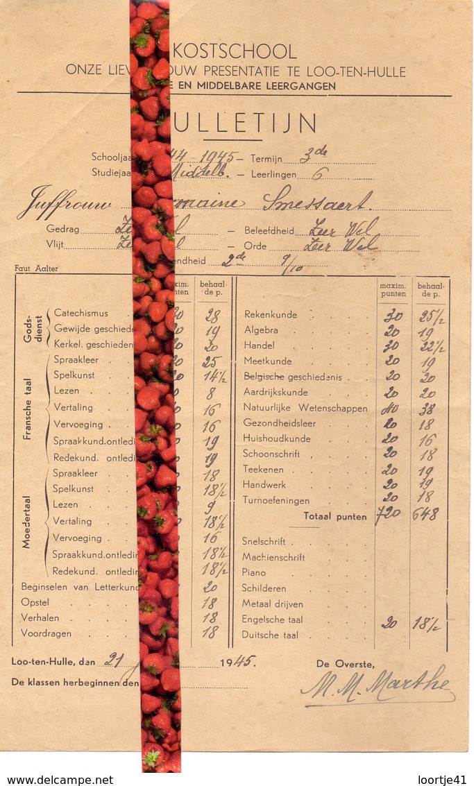 Schoolrapport Kostschool OLVr Presentatie - Lotenhulle - Germaine Smessaert 1944 - 1945 - Diplômes & Bulletins Scolaires