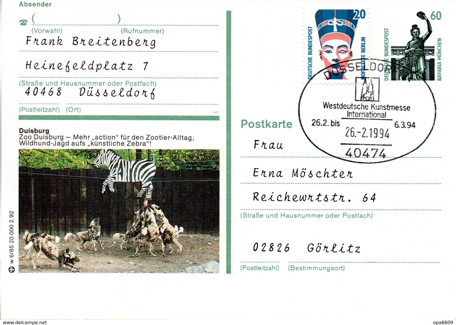 BRD Bildpostkarte 60 Pf.WSt.Sehenswürdigkeiten Bavaria München P139 W 6/85 ZF "Duisburg" SST 26.2.94 DÜSSELDORF 1 - Geïllustreerde Postkaarten - Gebruikt