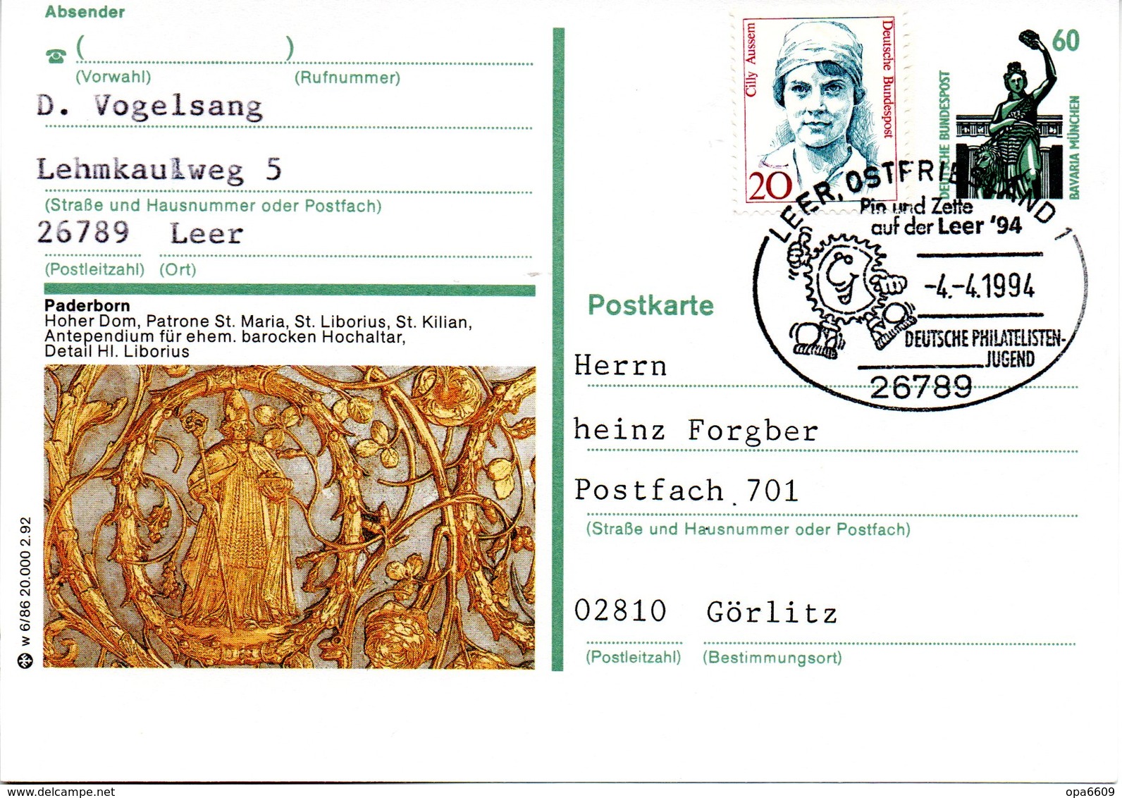 BRD Bildpostkarte 60 Pf.WSt.Sehenswürdigkeiten Bavaria München P139 W 6/86 ZF "Paderborn" SST 4.4.94 LEER, OSTFRIESLAND - Geïllustreerde Postkaarten - Gebruikt