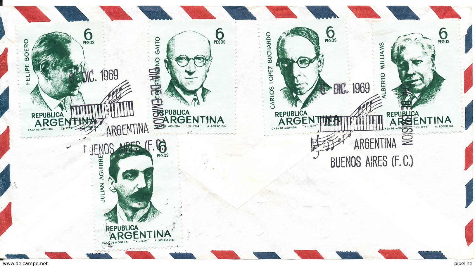 Argentina FDC Air Mail Cover Music 2 Complete Set Of 5 (1 Set On The Front And Also 1 Set On The Backside Of The Cover) - FDC