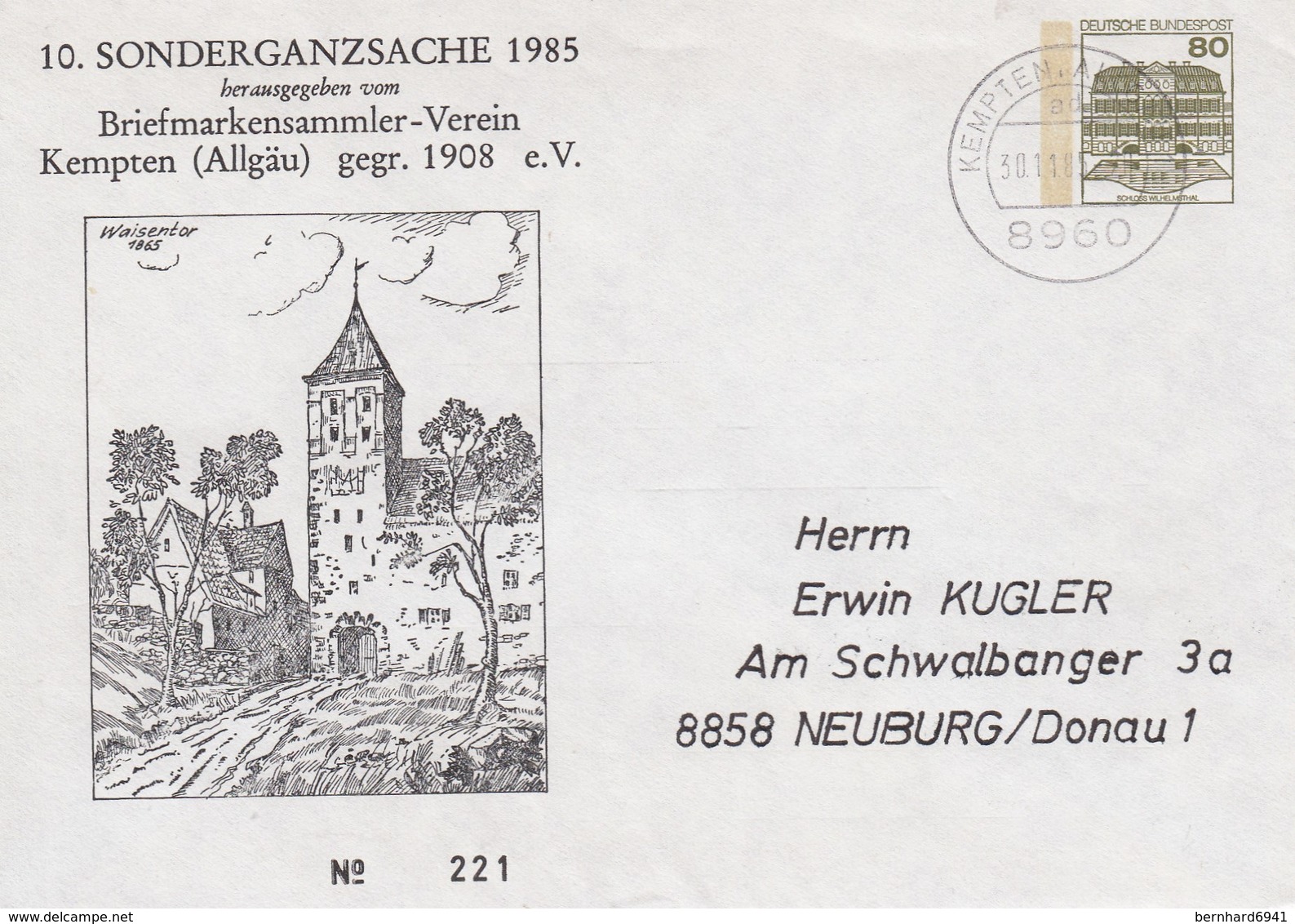 PU 117/198  10. Sonderganzsache 2985 - Briefmarkensammler-Verein Kempten (Allgäu) Gegr. 1908 E.V. Kempten,Allgäu - Enveloppes Privées - Oblitérées