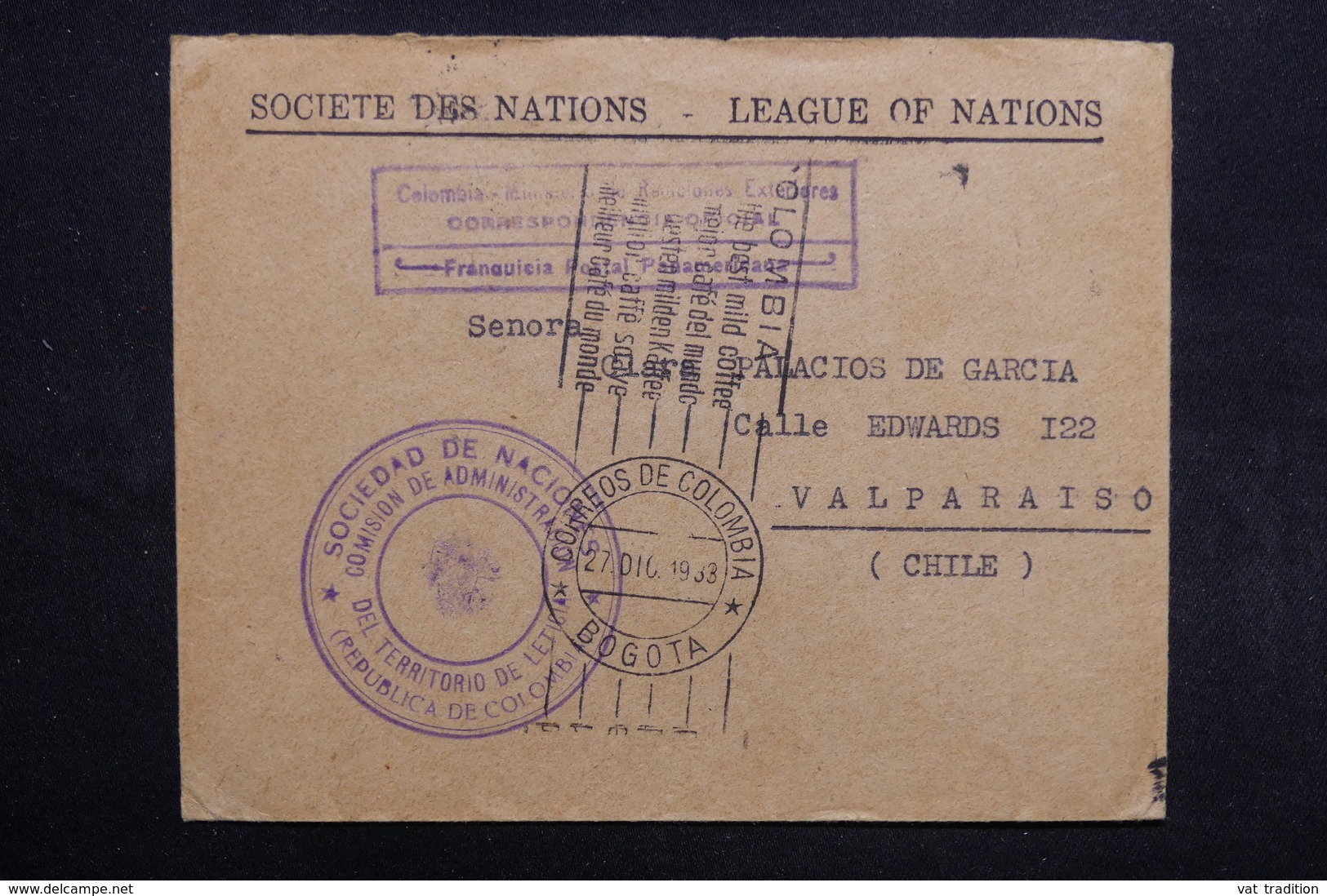 COLOMBIE - Enveloppe De La Société Des Nations De Bogota Pour Le Chili En 1933 -  L 31697 - Colombia