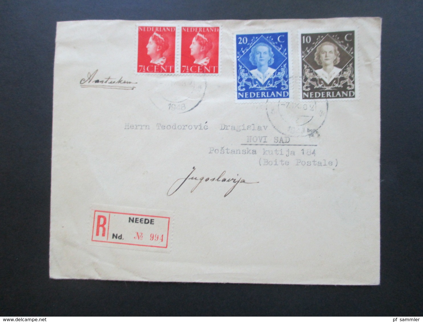 Niederlande 1948 Einschreiben R-Brief Neede Nd. No 994 - Novi Sad (Boite Postale) Jugoslawien - Briefe U. Dokumente