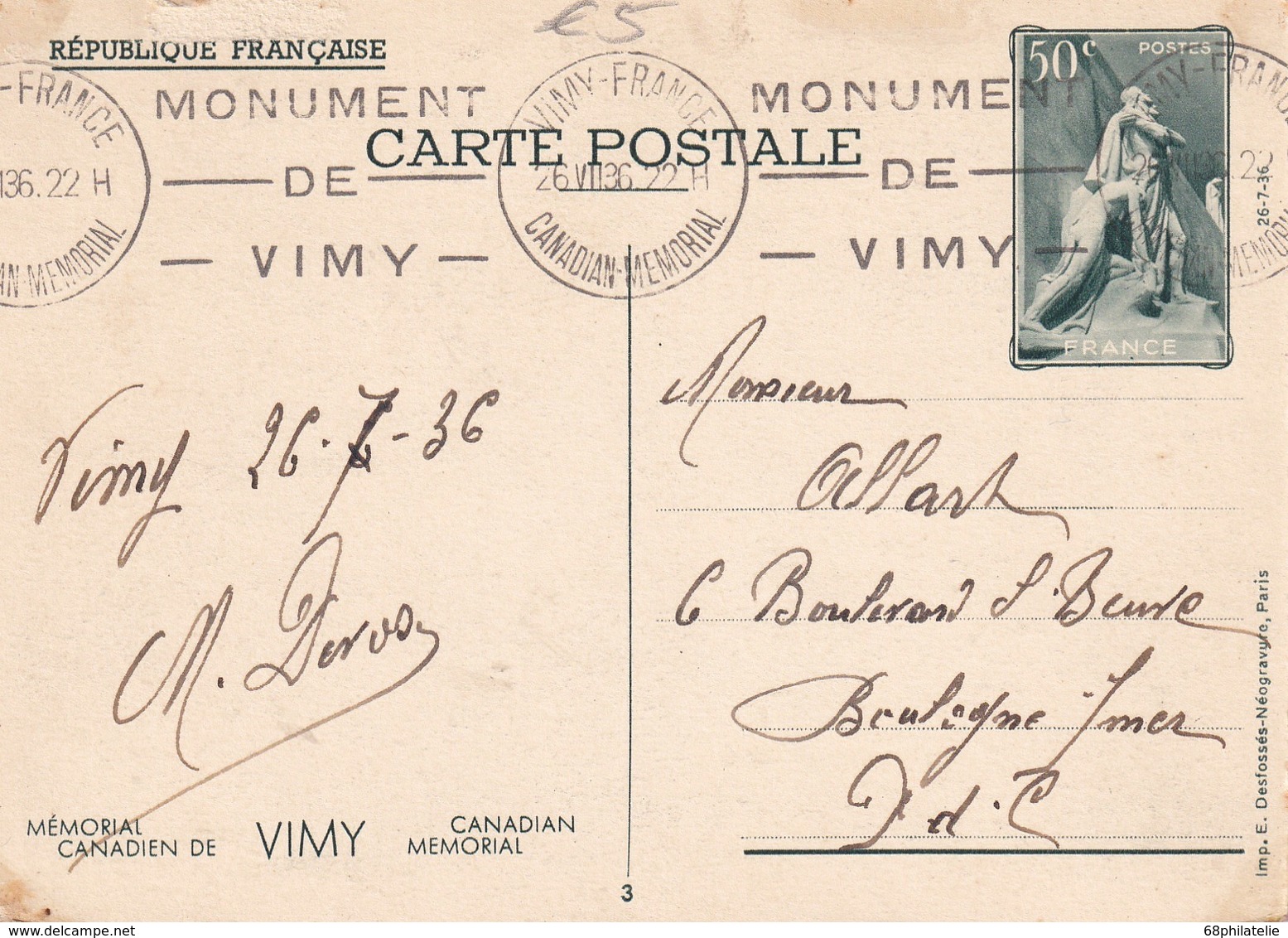 FRANCE 1936  ENTIER POSTAL/GANZSACHE/POSTAL STATIONERY CARTE DE VIMY - Standard Postcards & Stamped On Demand (before 1995)