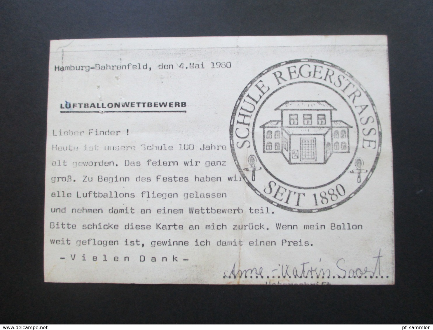 Niederlande 1980 Postkarte Luftballonwettbewerb Der Schule Regenstrasse Seit 1880 / 100 Jähriges Bestehen. 3. Platz - Covers & Documents