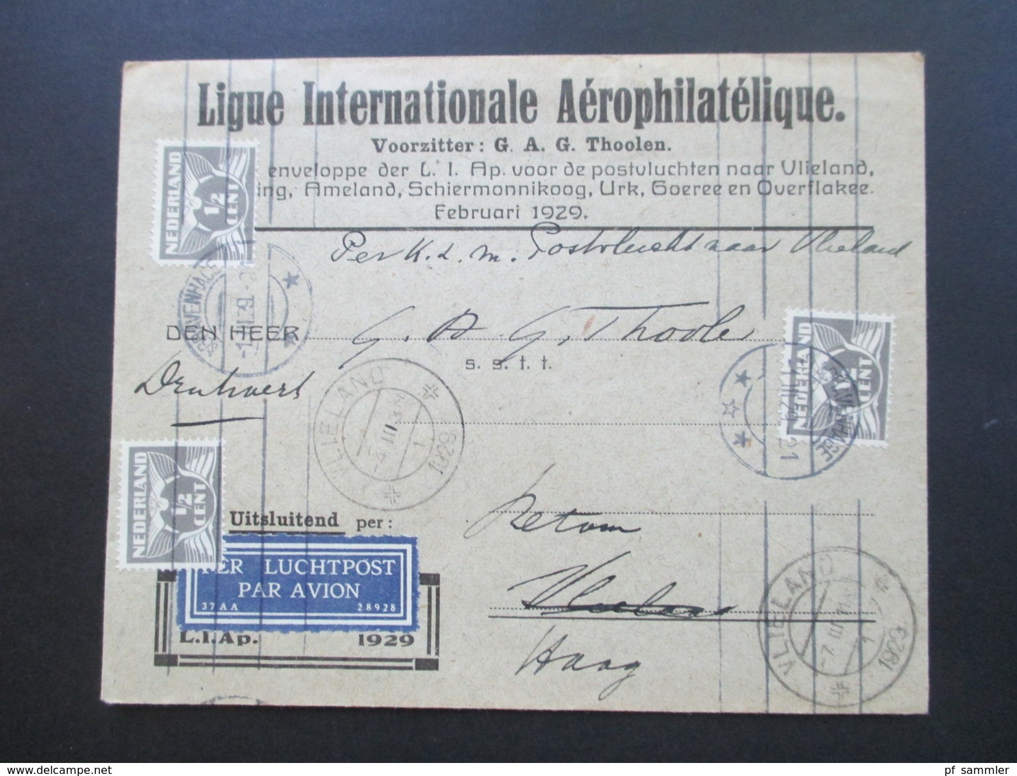 Niederlande 1929 Nr. 171 MeF (3) Ligue Int. Aerophilatelique Per Luchtpst / Airmal / Luftpost Vlieland Und Retour Haag - Cartas & Documentos