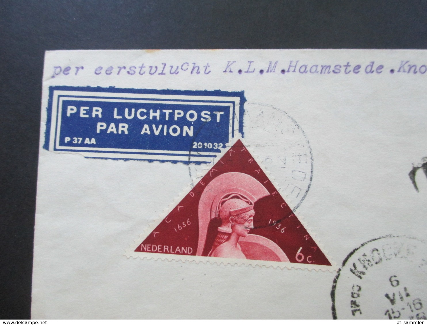 Niederlande 1936 Luftpost Erstflug KLM Burgh Haamstedde - Knocke. Poste Restante Mit Ak Stempel Nr. 295 Und Nachporto!! - Lettres & Documents