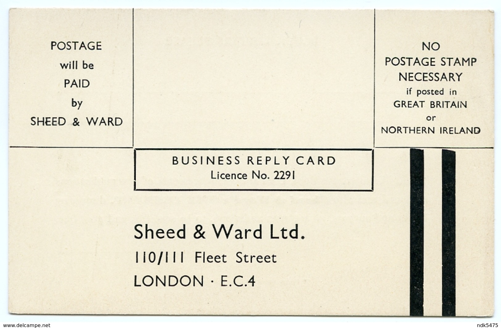 ADVERTISING : SHEED & WARD, FLEET STREET, LONDON - BUSINESS REPLY CARD (PUBLISHING) - Advertising