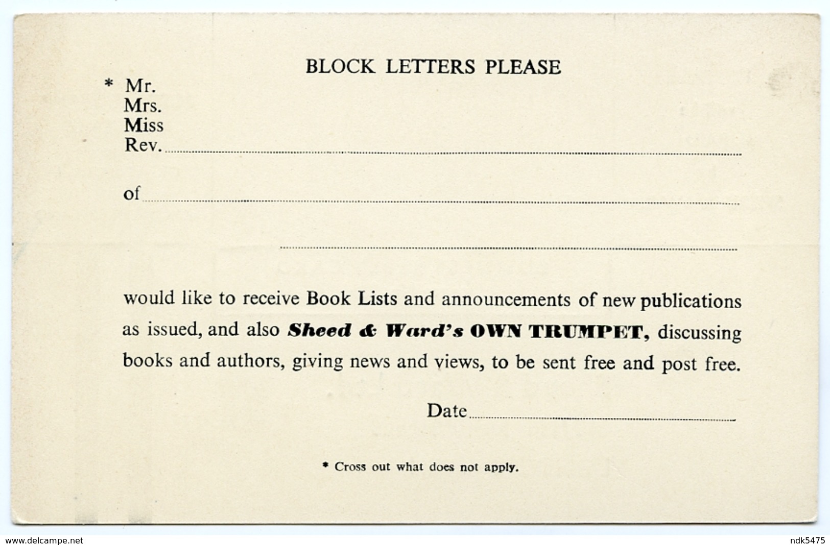 ADVERTISING : SHEED & WARD, FLEET STREET, LONDON - BUSINESS REPLY CARD (PUBLISHING) - Advertising