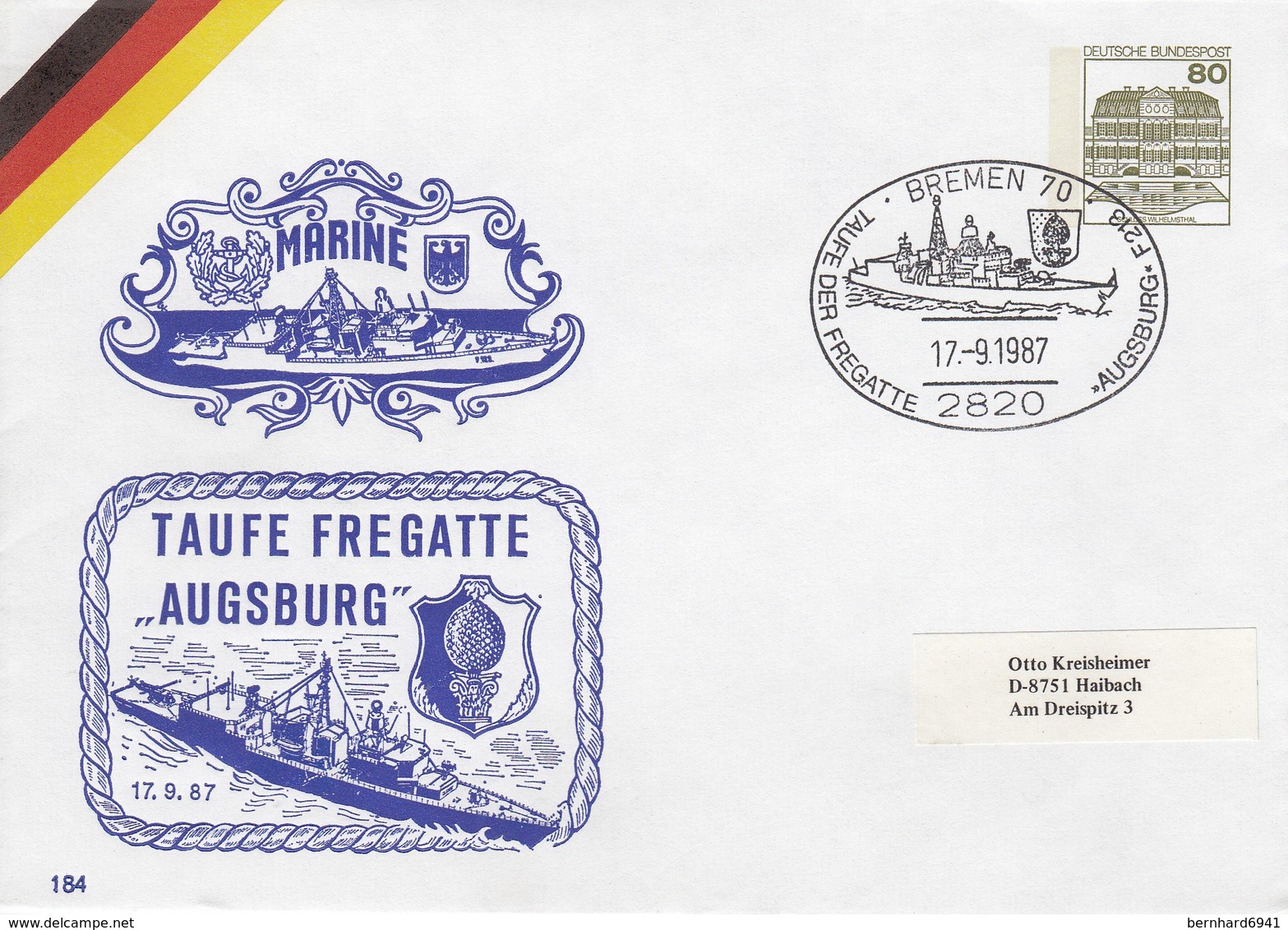 PU 117/292  Marine - Taufe Fregatta "Augsburg" 1987, Bremen 70 - Privatumschläge - Gebraucht