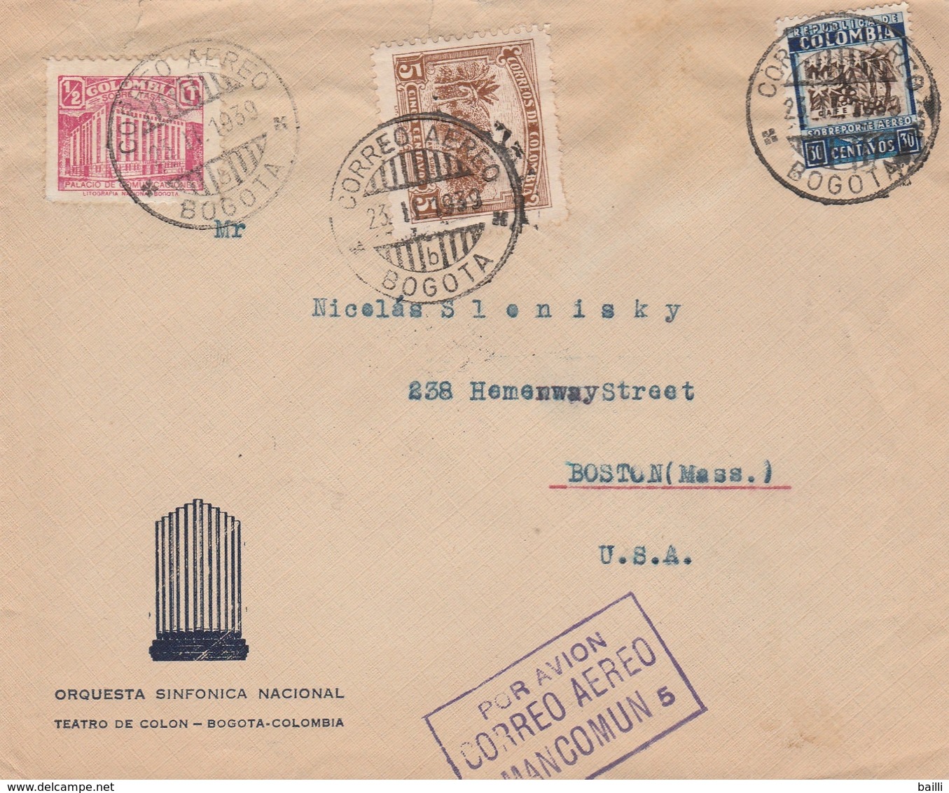 Colombie Lettre Pour Les Etats Unis 1939 - Colombia