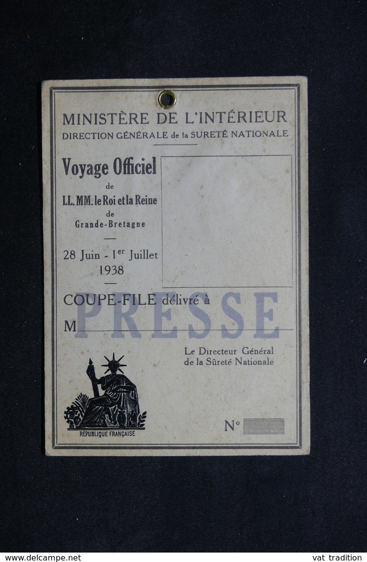 FRANCE - Carte De Presse Pour Le Voyage Du Roi Et De La Reine D 'Angleterre En 1938 - L 31721 - Sammlungen