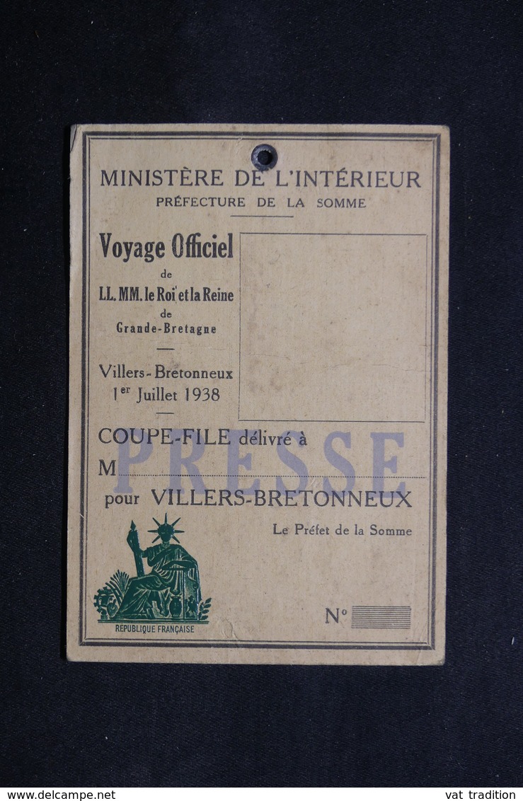 FRANCE - Carte De Presse  Pour Le Voyage Du Roi Et De La Reine D 'Angleterre En 1938 - L 31726 - Collections