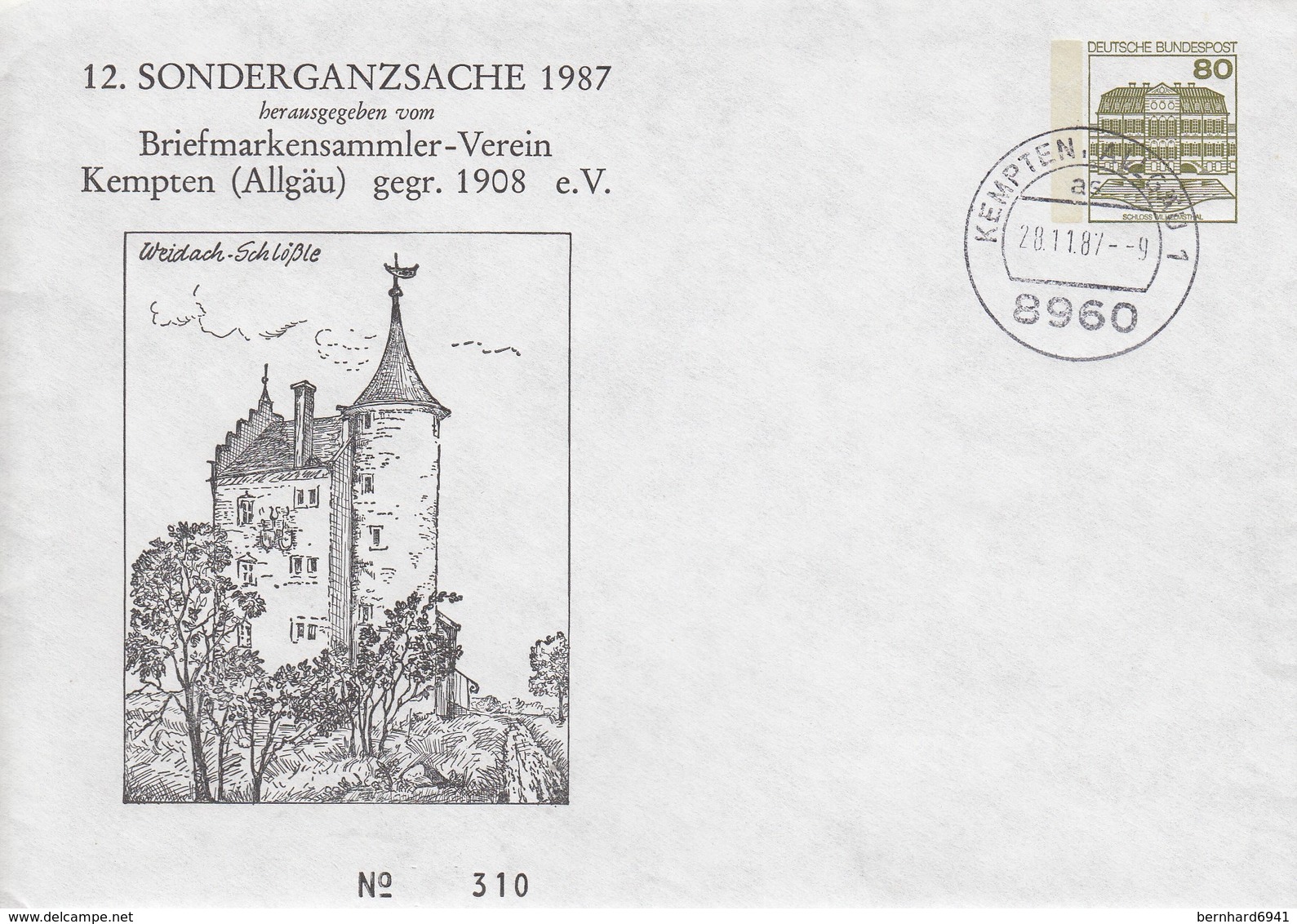 PU 117/302  12. Sonderganzsache 1987 - Briefmarkensammler-Verein Kempten (Allgäu) Gegr. 1908 E.V., Kempten Allgäu 1 - Privatumschläge - Gebraucht