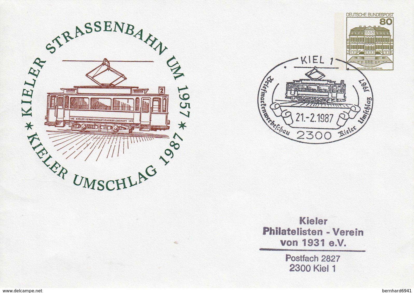 PU 117/303  Kieler Umschlag 1987 - Kieler Strassenbahn Um 1957, Kiel 1 - Privatumschläge - Gebraucht