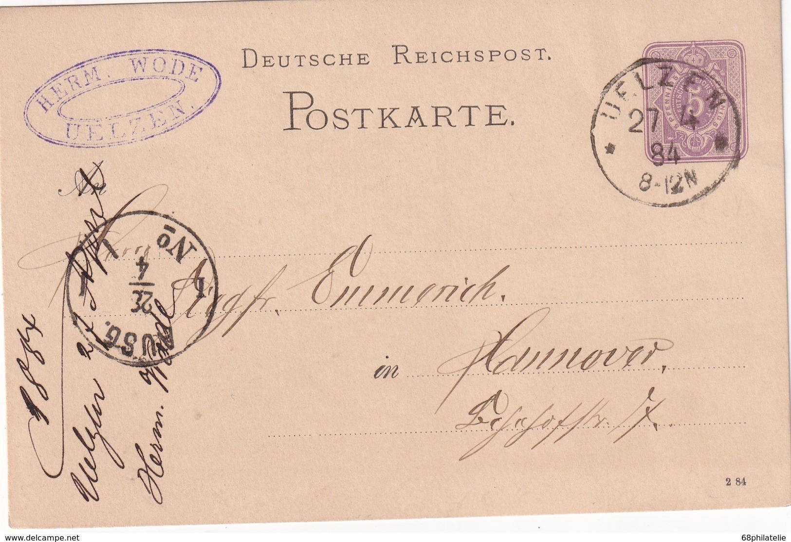 ALLEMAGNE 1884    ENTIER POSTAL/GANZSACHE/POSTAL STATIONERY   CARTE DE UELZEN - Autres & Non Classés