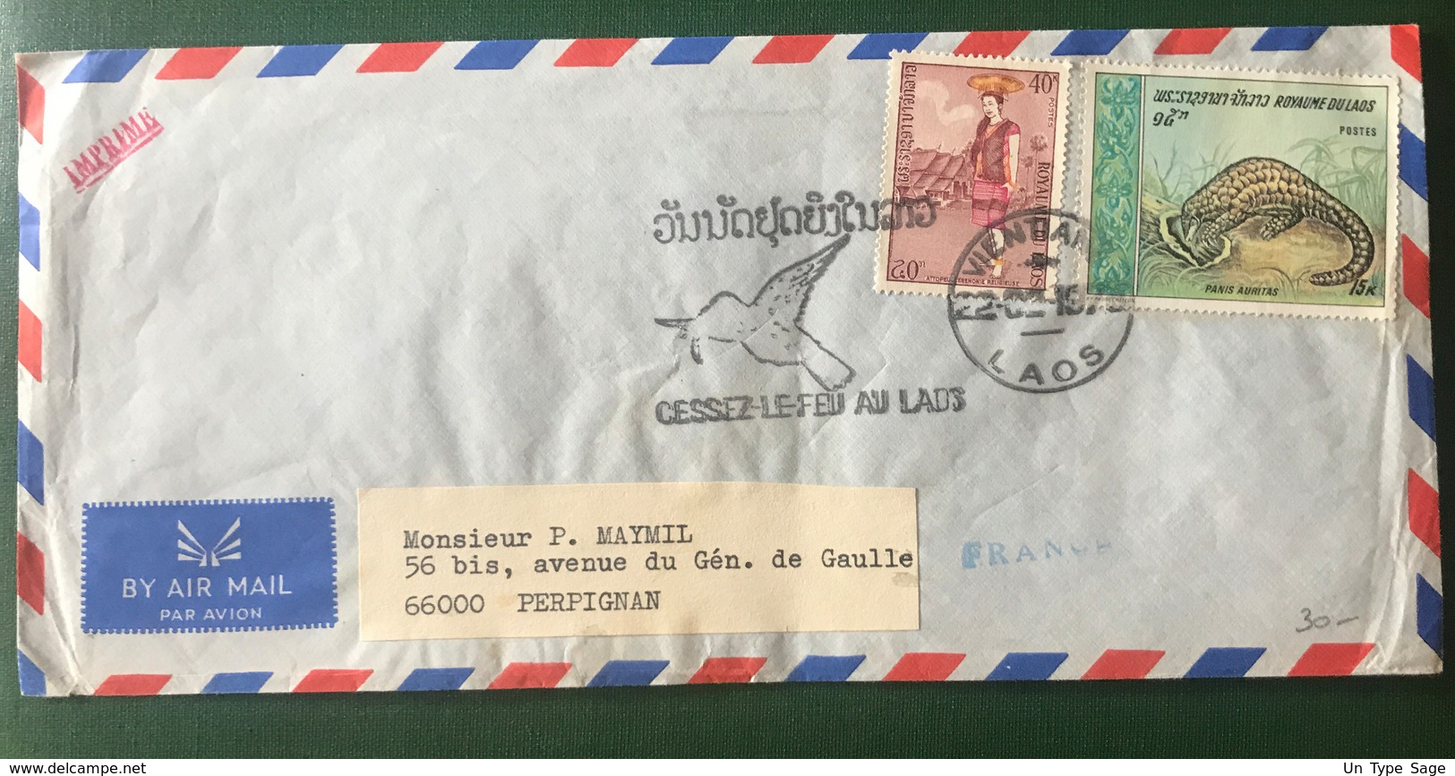 Laos - 1975 - Lettre Pour La France - Flamme "CESSEZ-LE-FEU AU LAOS - (L116) - Laos