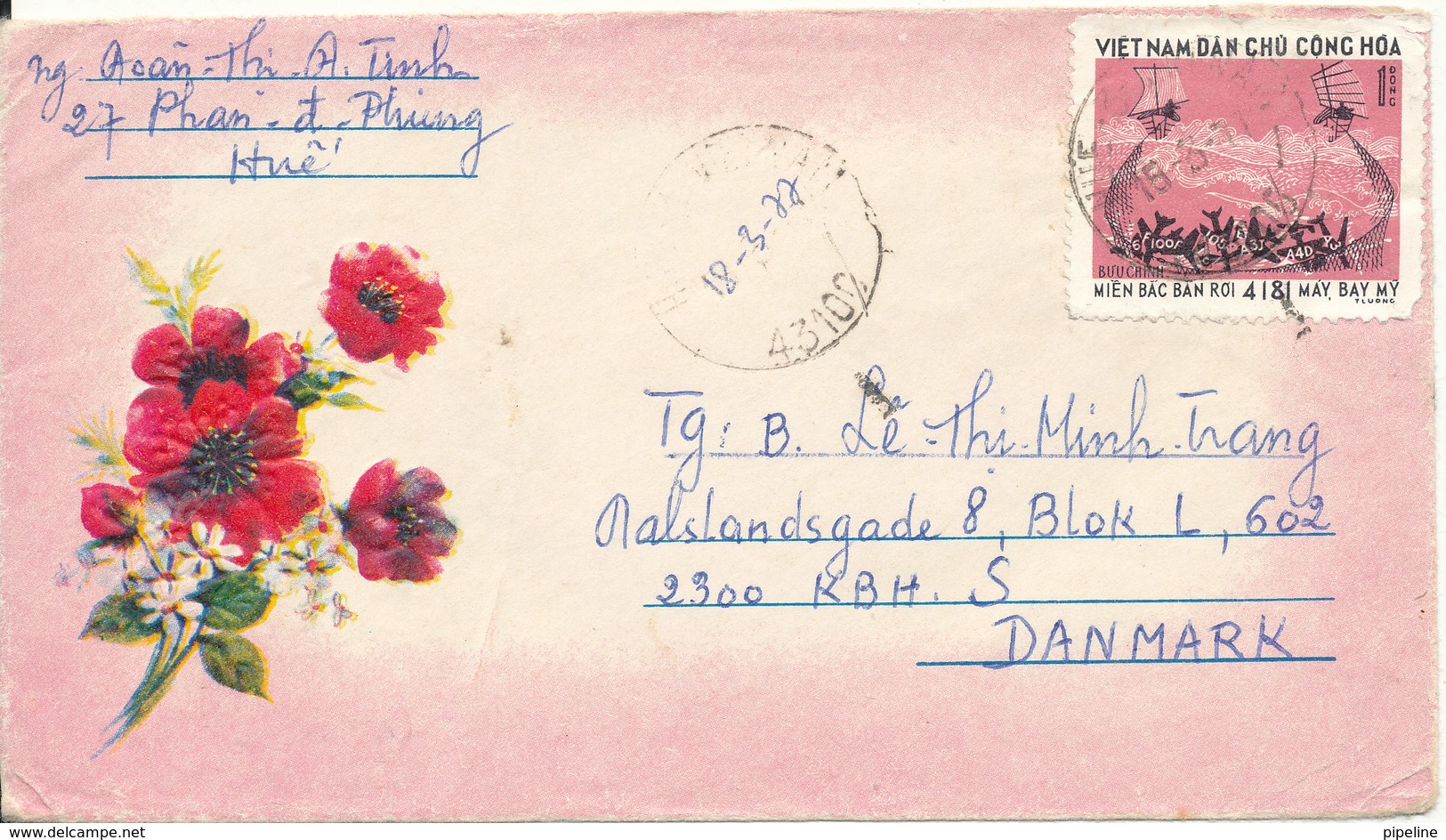 Vietnam Air Mail Cover Sent To Denmark 1977 Single Franked But The Stamp Is Damaged - Vietnam