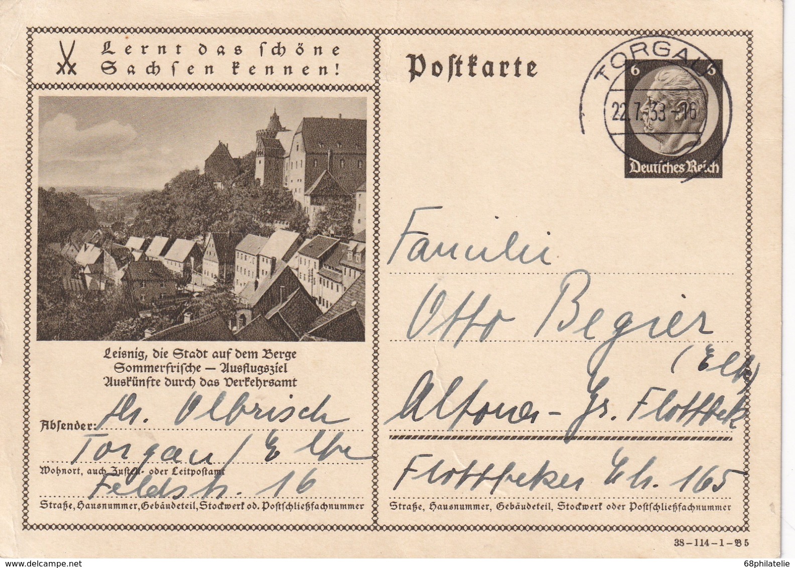 ALLEMAGNE 1938   ENTIER POSTAL/GANZSACHE/POSTAL STATIONERY CARTE ILLUSTREE DE TORGAU - Other & Unclassified