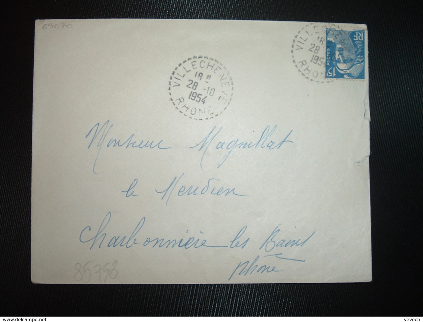 LETTRE TP M. DE GANDON 15F OBL. Tiretée 28-10 1954 VILLECHENEVE RHONE (69) - Cachets Manuels