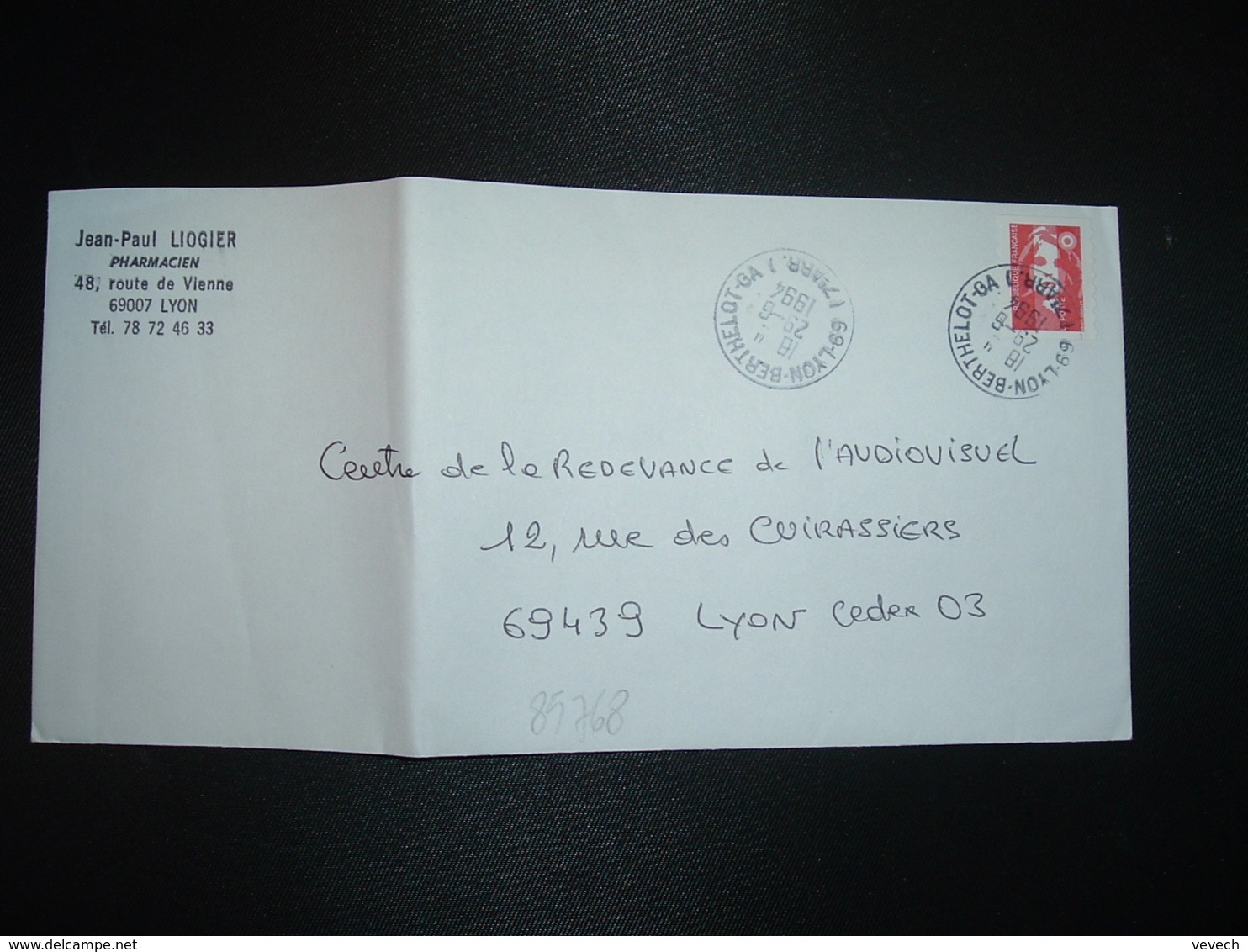 LETTRE TP M. DE BRIAT TVP ROUGE OBL.29-6 1994 69 LYON BERTHELOT GA (GUICHET ANNEXE) JEAN-PAUL LOGIER PHARMACIEN - Cachets Manuels