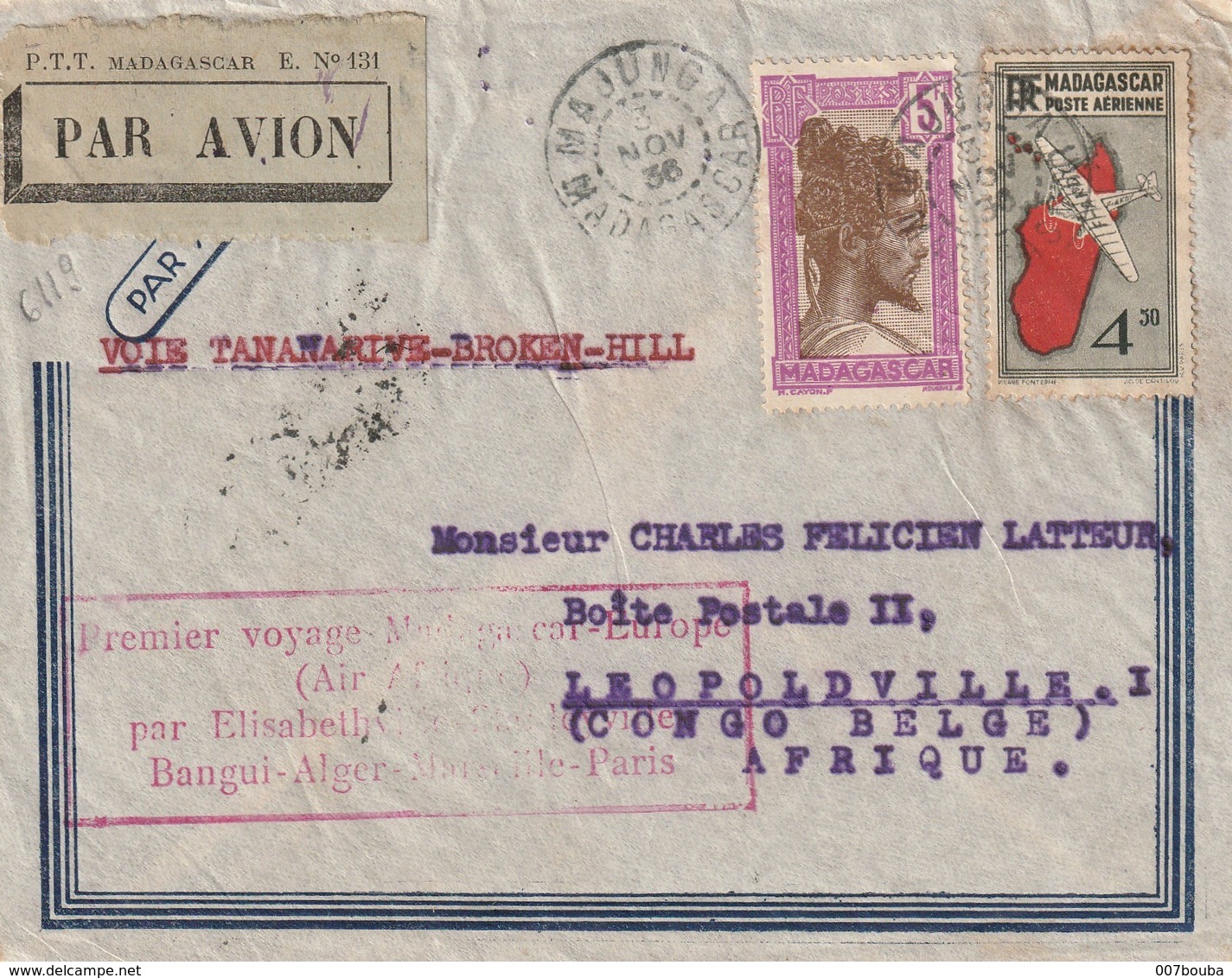 Lettre Par Avion 1936 De MAJUNGA Vers Léopoldville (Congo Belge) 1er Voyage Madagascar Europe Par  AIR AFRIQUE - Lettres & Documents