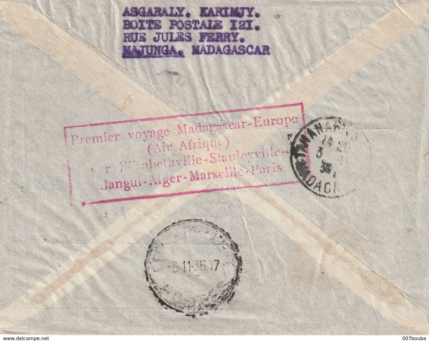 Lettre Par Avion 1936 De MAJUNGA Vers Léopoldville (Congo Belge) 1er Voyage Madagascar Europe Par  AIR AFRIQUE - Lettres & Documents