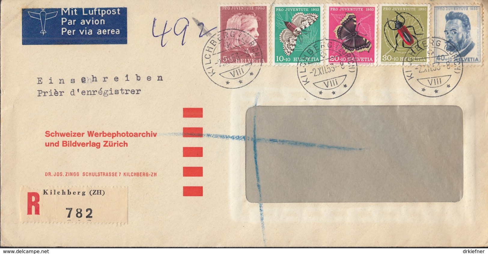 SCHWEIZ  588-592 MiF, Satzbrief Einschreiben Luftpost, Gestempelt: Kilchberg 2.XII.1953 - Briefe U. Dokumente