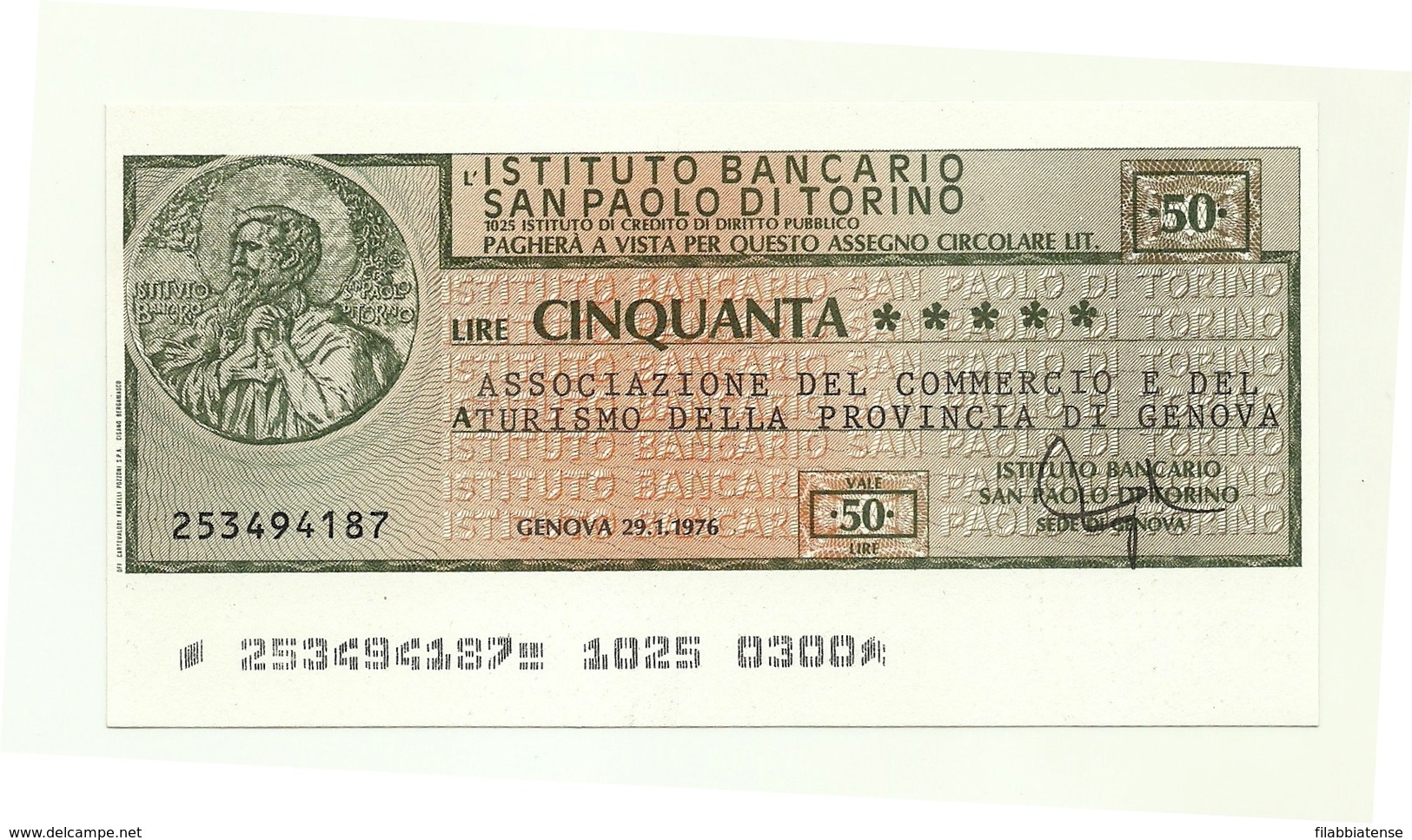 1976 - Istituto Bancario San Paolo Di Torino - Associazione Del Commercio E Del Turismo Della Provincia Di Genova - [10] Checks And Mini-checks