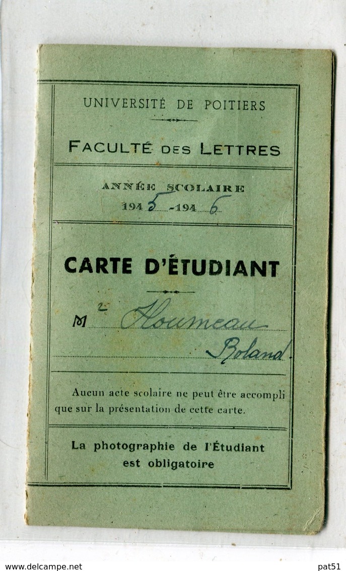 86 - Poitiers : Carte D' Etudiant Faculté De Lettres - 1942 - Poitiers