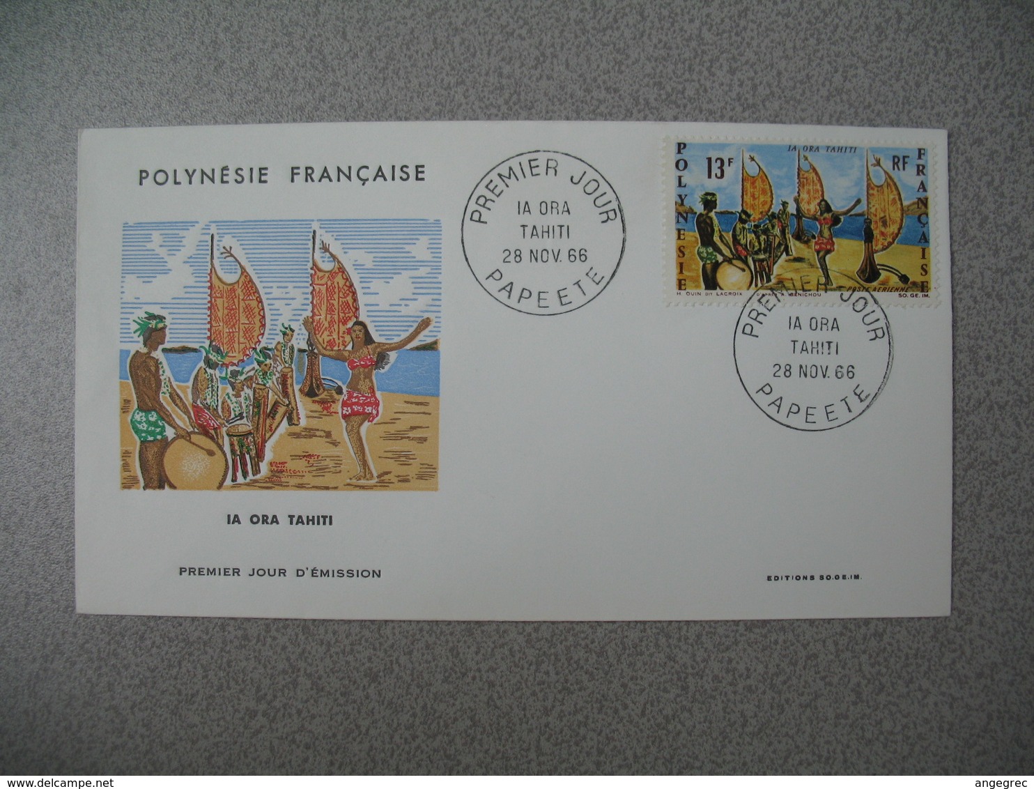 ​​​​​​​FDC 1966  Polynésie Française N° PA21  Vive Tahiti, Danse Tahitienne   Cachet Papeete - FDC