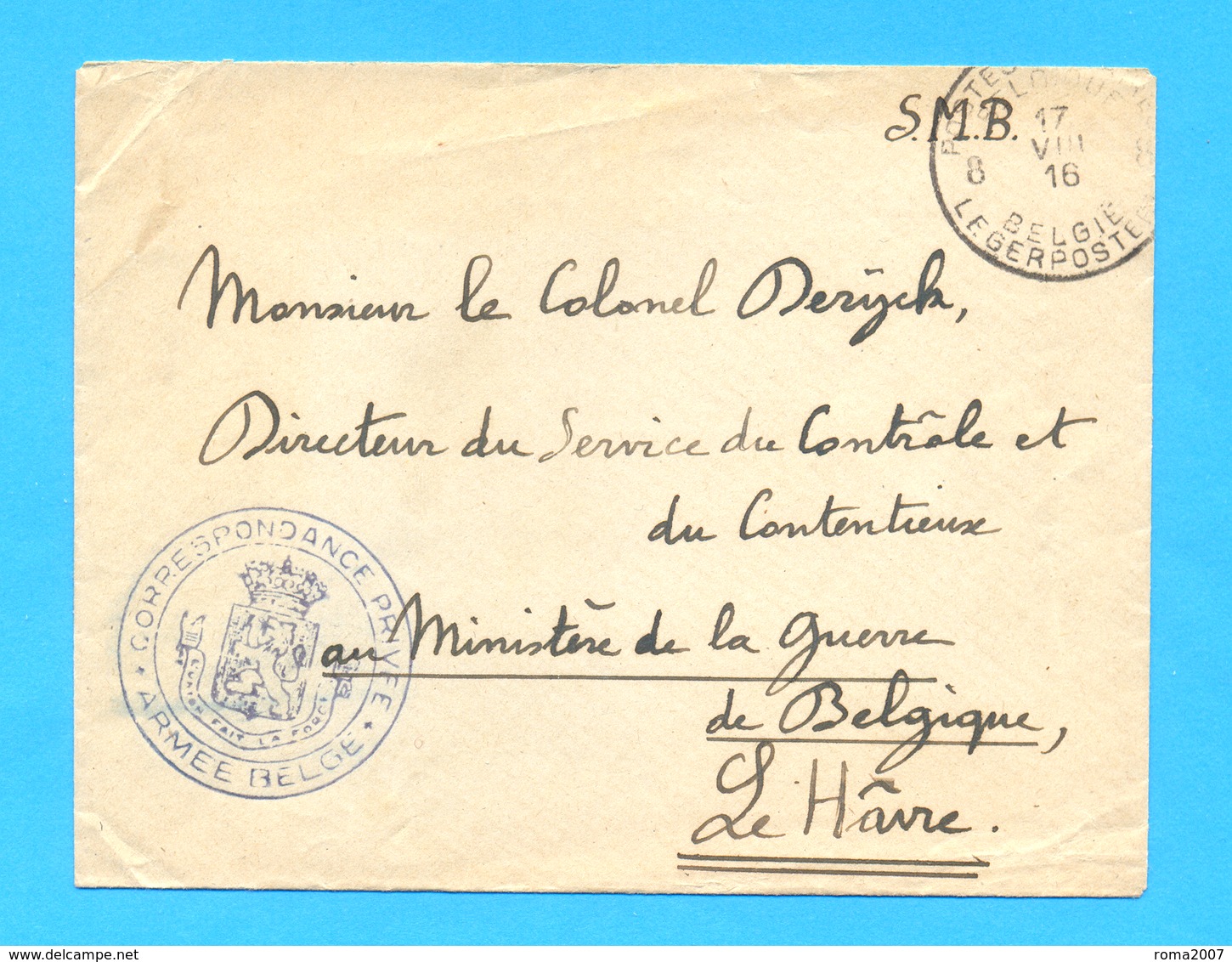 OMSLAG 1916  :  CORRESPONDANCE  PRIVEE  Au Ministère De La Guerre De  Belgique, Le  Hâvre. - Armée Belge