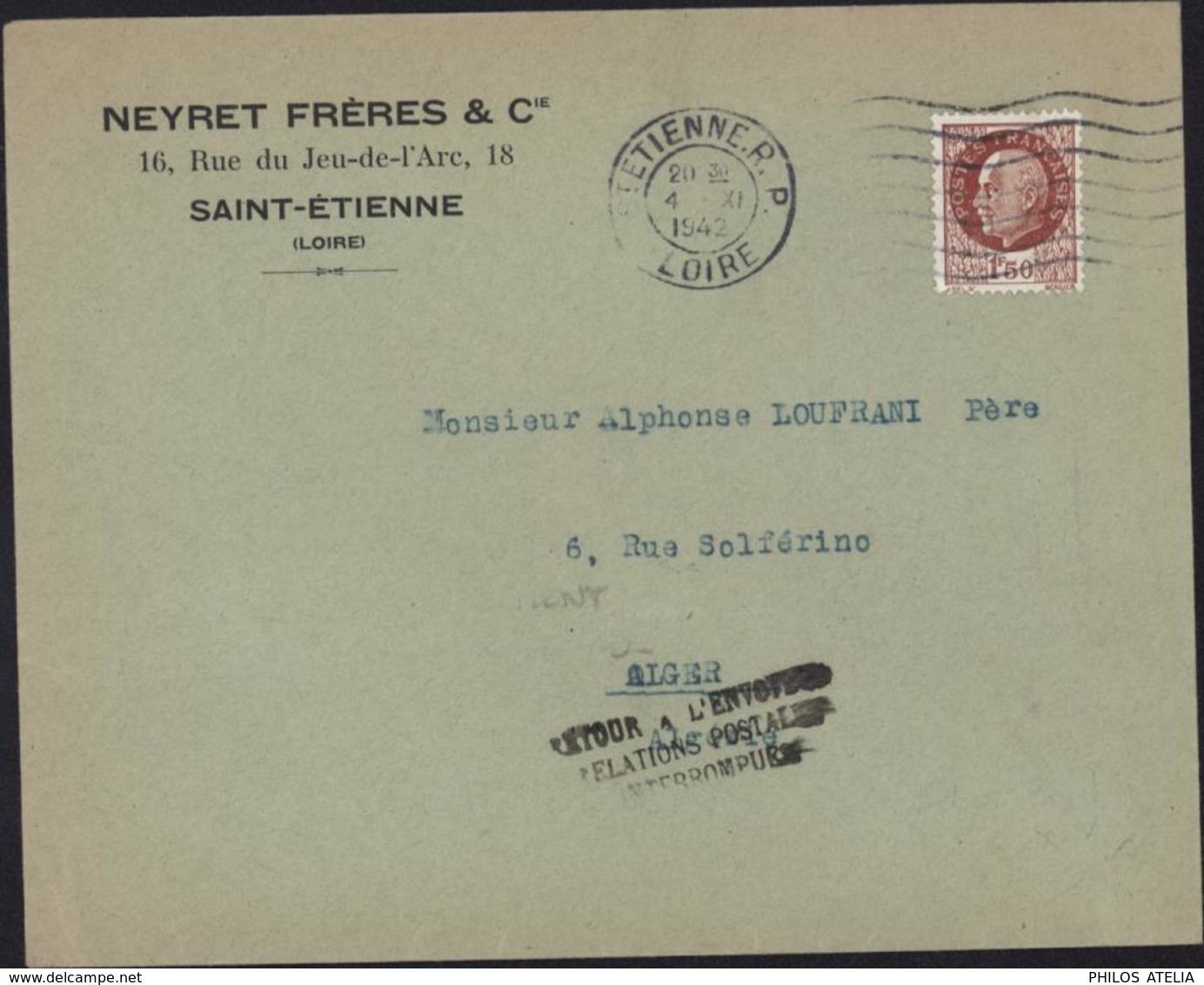 Guerre 39 YT 517 CAD St Etienne 4 XI 1942 Cachet Retour Envoyeur Relations Postales Interrompues Débarquement Alliés AFN - Guerra De 1939-45