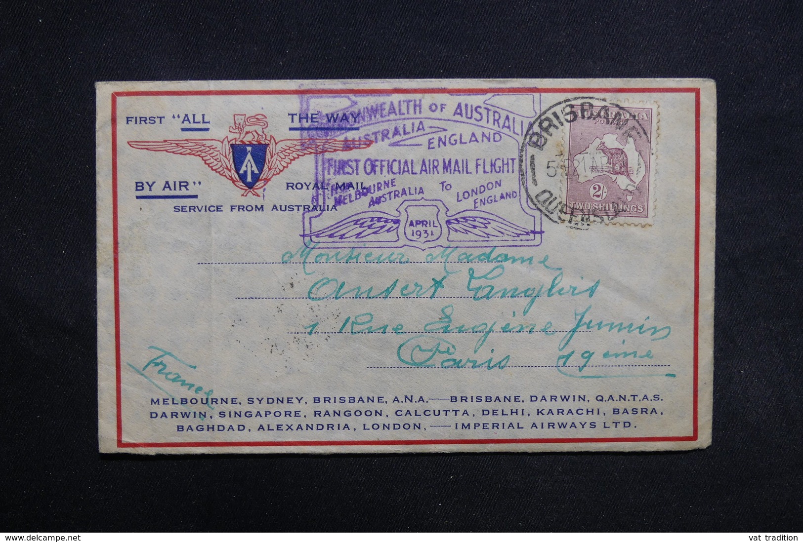 AUSTRALIE - Enveloppe 1 Er Vol Australie / GB En 1931 Pour Paris , Affranchissement Plaisant - L 31735 - Storia Postale