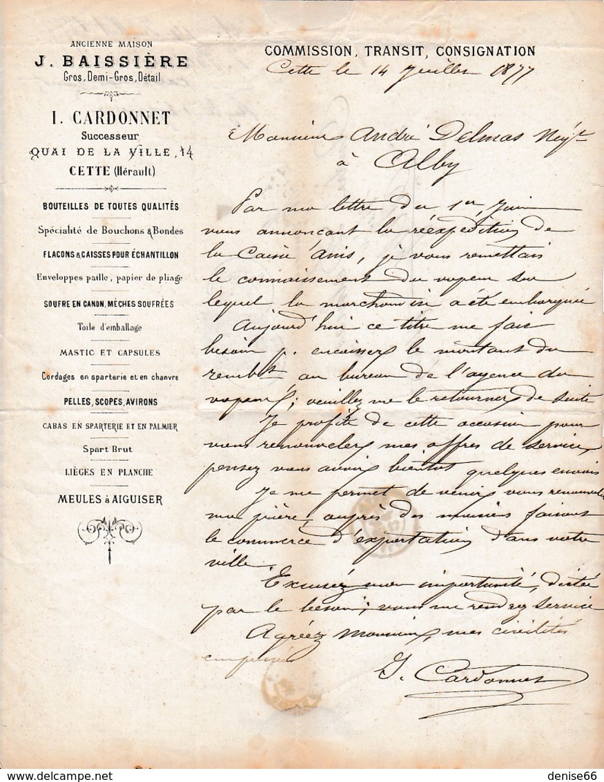 1877 - CETTE (34) I. CARDONNET  - Maison De Commission, Transit & Consignation - Bouteilles, Soufre, Cabas, Meules Etc. - Documents Historiques