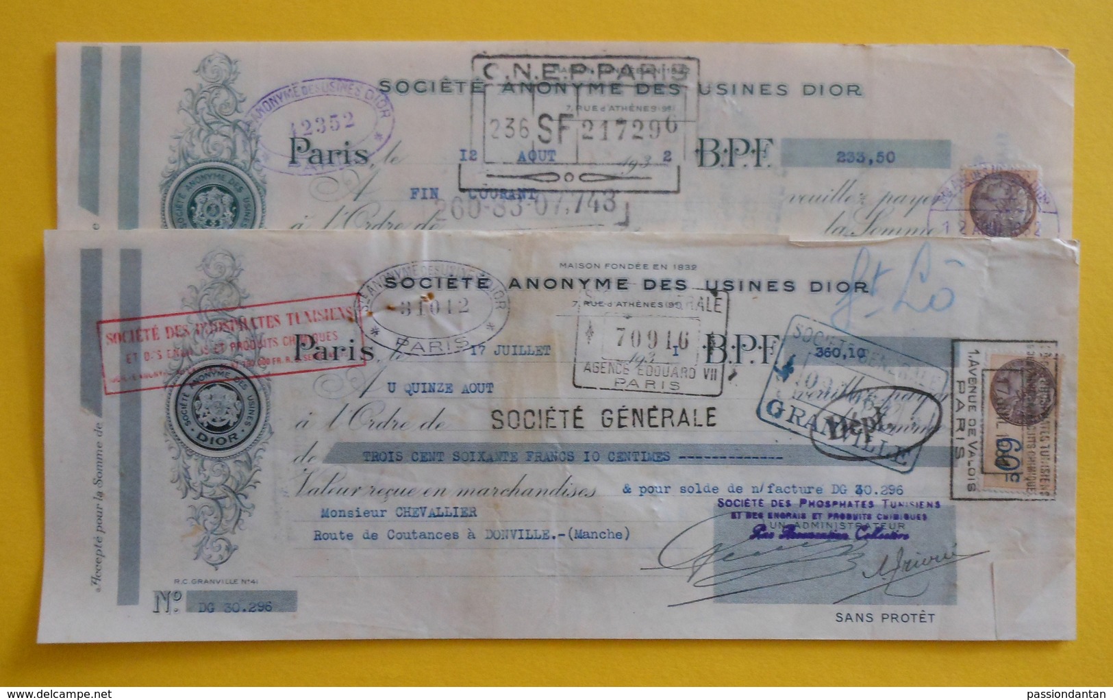 Sept Lettres De Change De La Société Anonyme Des Usines Dior à Paris - Années 1930 - Bills Of Exchange