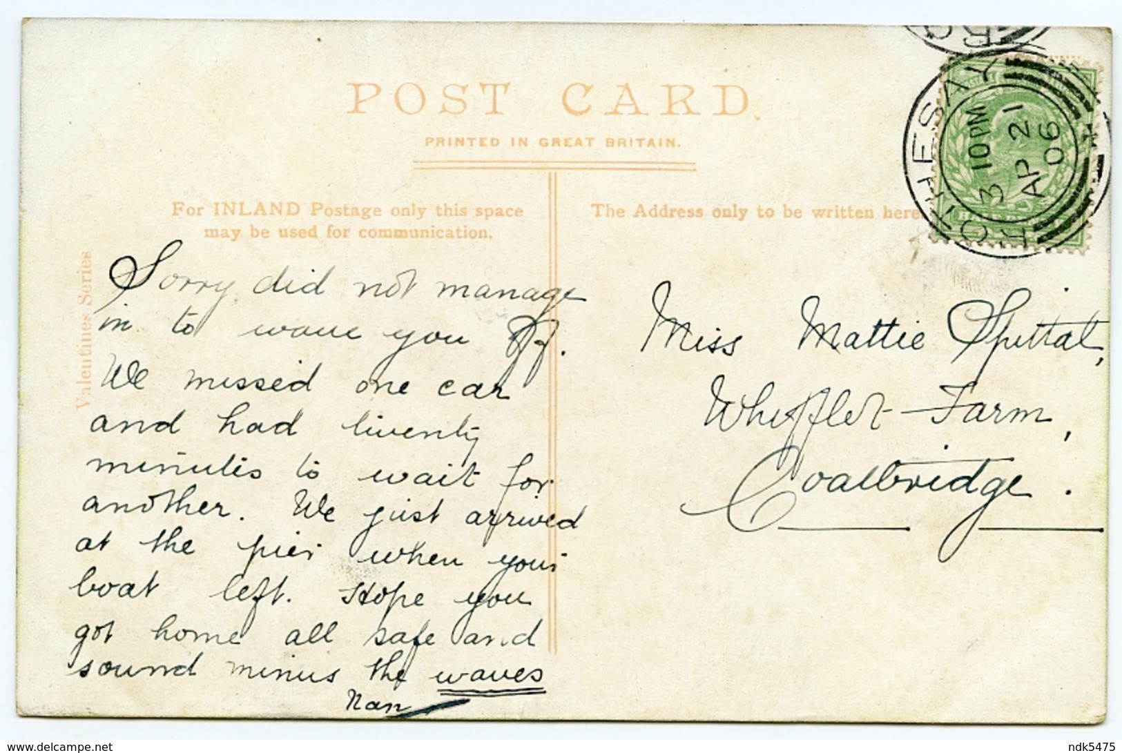 ISLE OF BUTE : LOCH FAD (MOONLIGHT) / ADDRESS - COATBRIDGE, WHIFFLET FARM (SPITTAL) / POSTMARK - ROTHESAY, 1906 - Bute