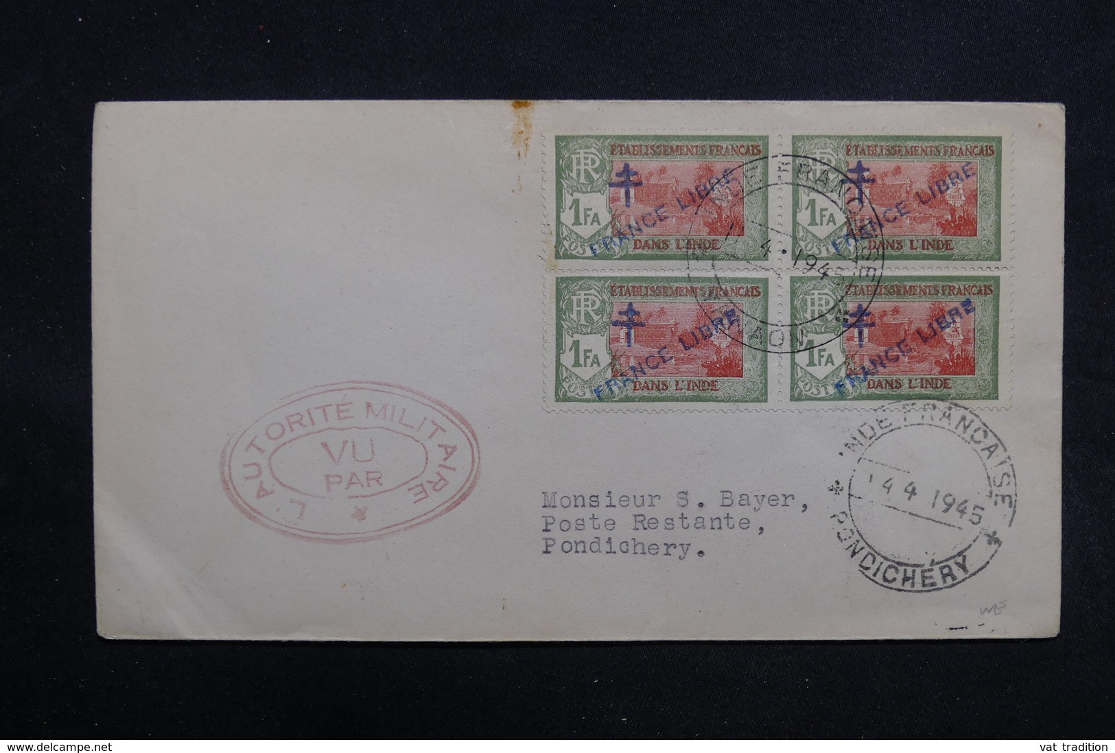 INDE - Affranchissement " France Libre " Sur Enveloppe De Pondichery En 1945 Avec Contrôle Postal - L 31749 - Covers & Documents