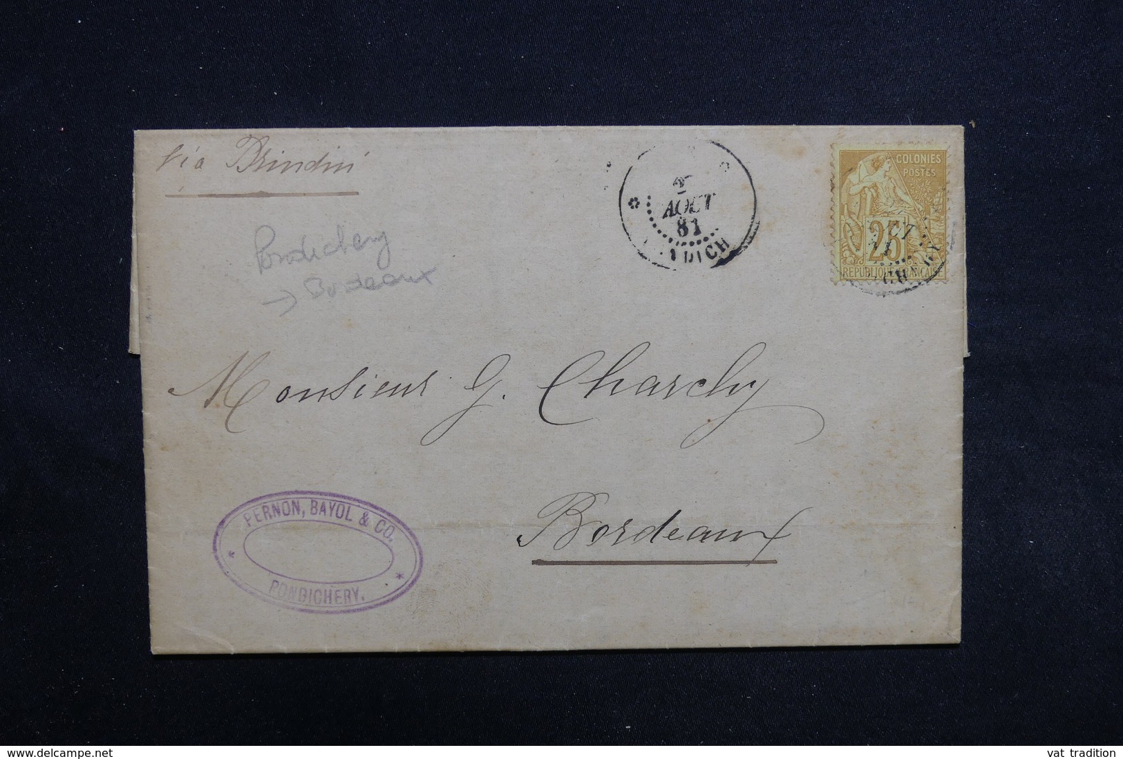 INDE - Lettre De Pondichery En 1881 Pour Bordeaux , Affranchissement Colonie Générale - L 31755 - Lettres & Documents
