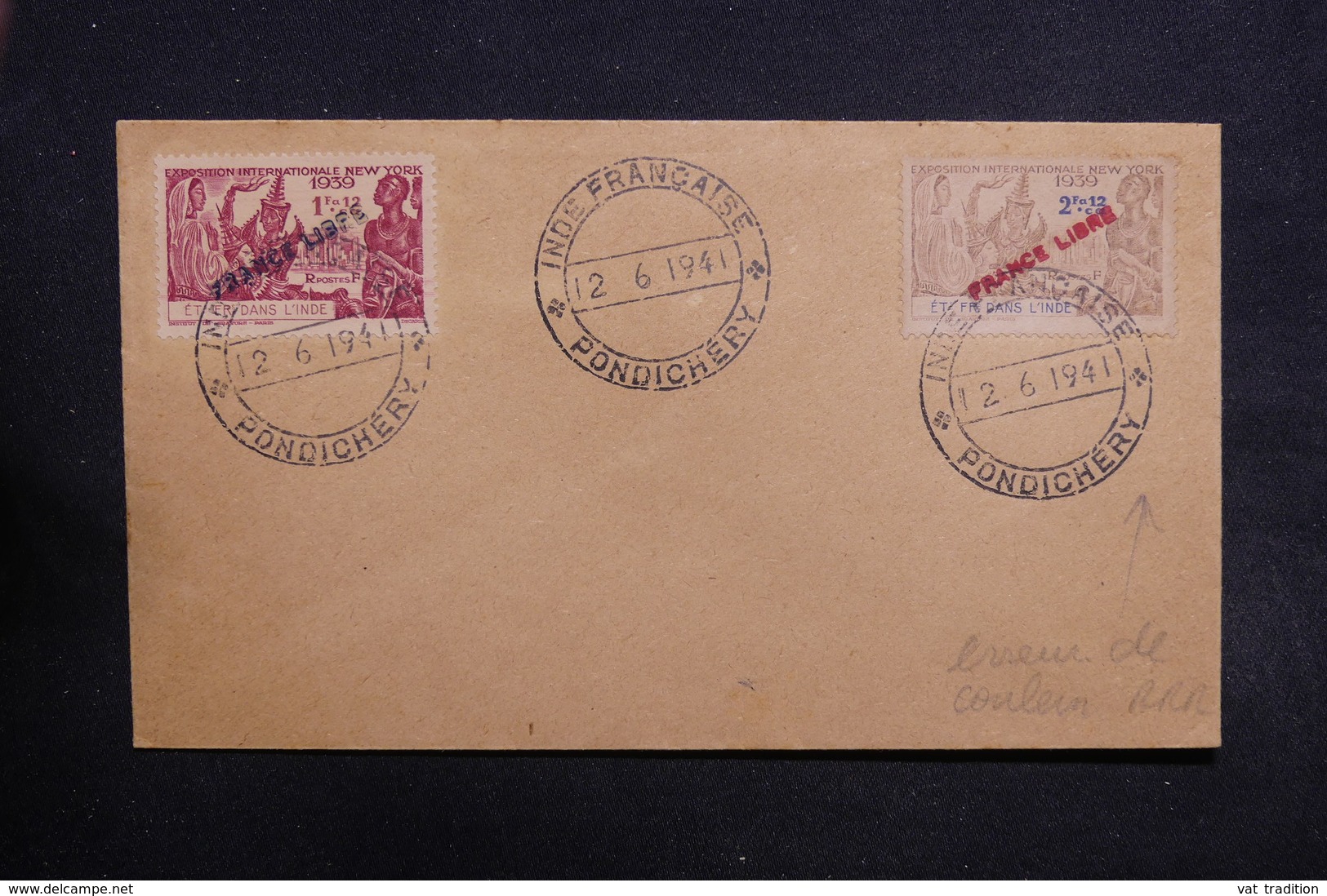 INDE - France Libre Sur Enveloppe De Pondichery En 1941 , Voir Variété De Couleur - L 31756 - Lettres & Documents