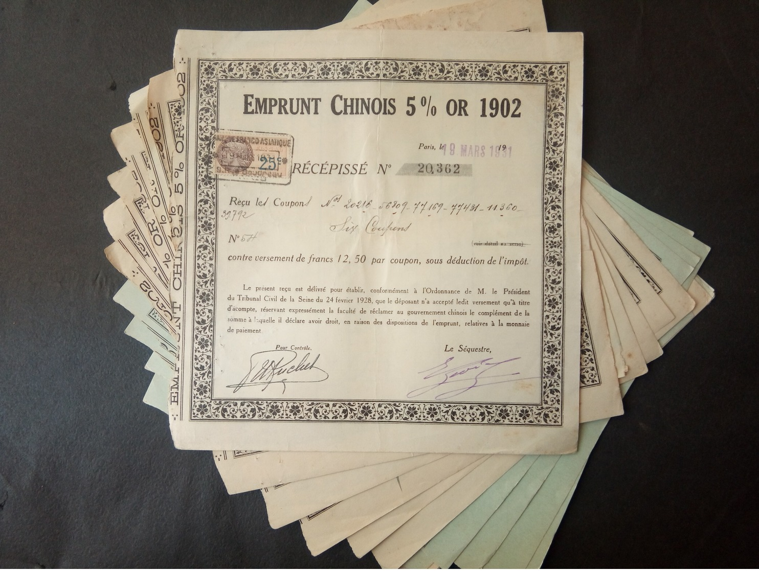 Lot 21 Emprunts CHINOIS 5% OR 1902 - Other & Unclassified